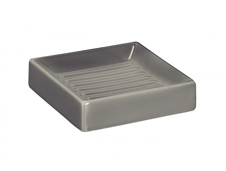 4004478158269 Graue Seifenschale aus Keramik mit geriffelter Oberfläche, quadratische Form, modernes Design. Ideal für Badezimmer und Küche.