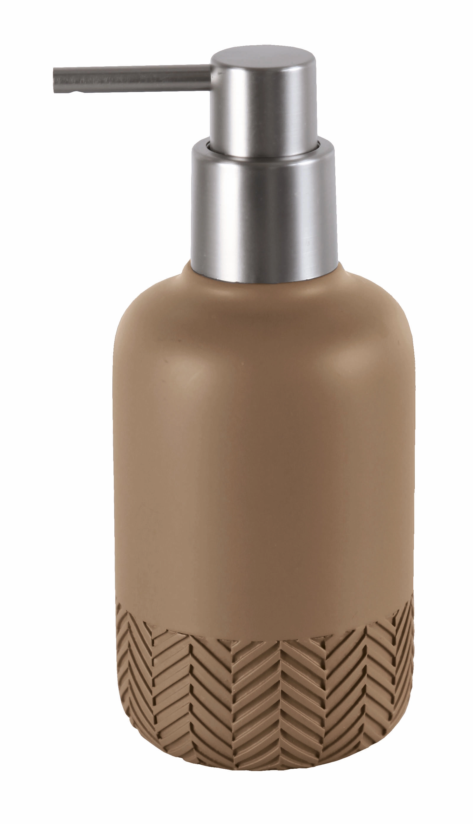 Seifenspender HERRINGBONE Kaschmirfarben Seifenspender in Beige mit strukturiertem Boden und silbernem Pumpkopf, modernes Design für stilvolle Badezimmer.