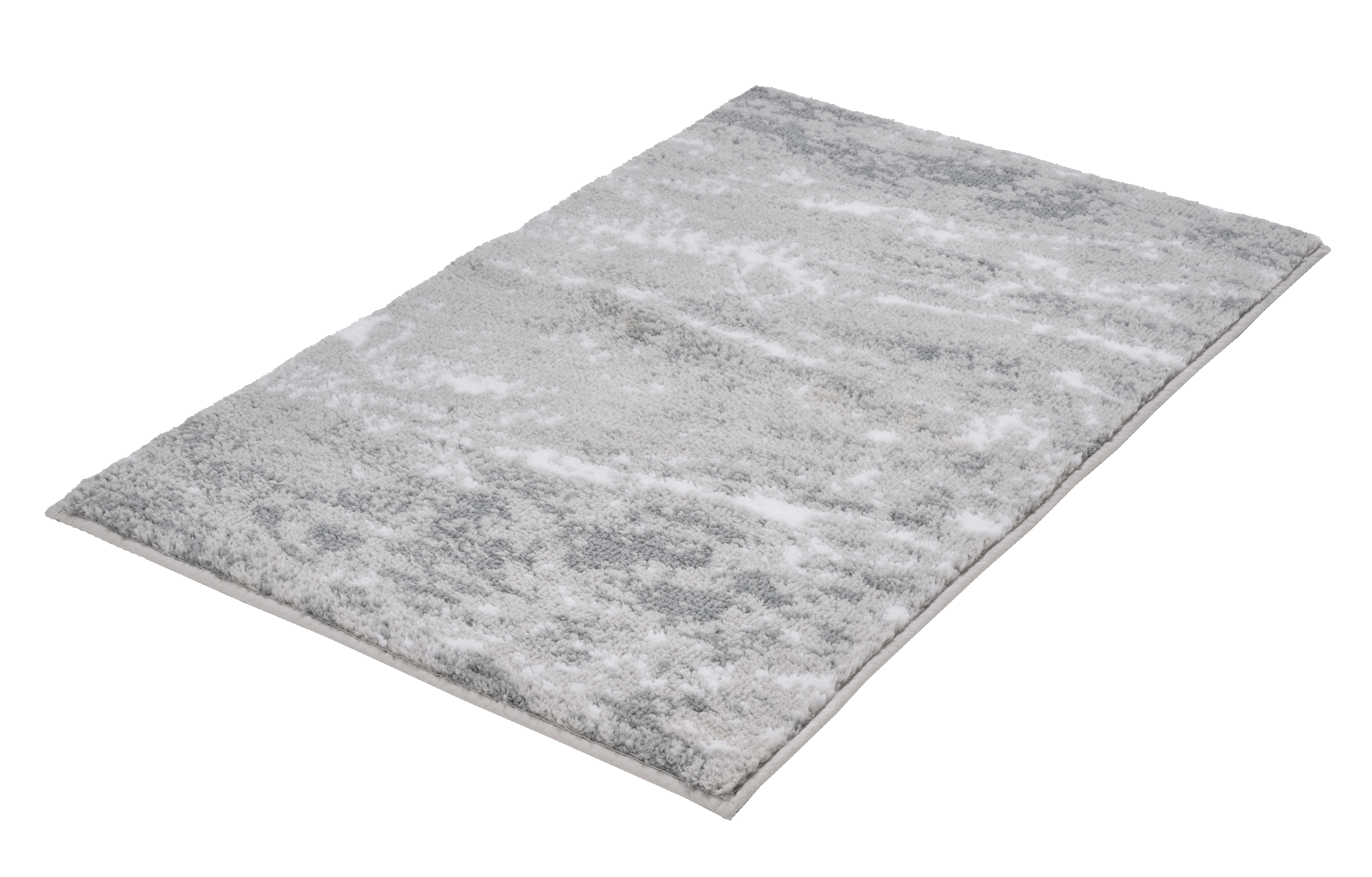Weicher, rechteckiger Teppich in Grau- und Weißtönen mit flauschiger Oberfläche, ideal für Wohn- und Schlafzimmer.
