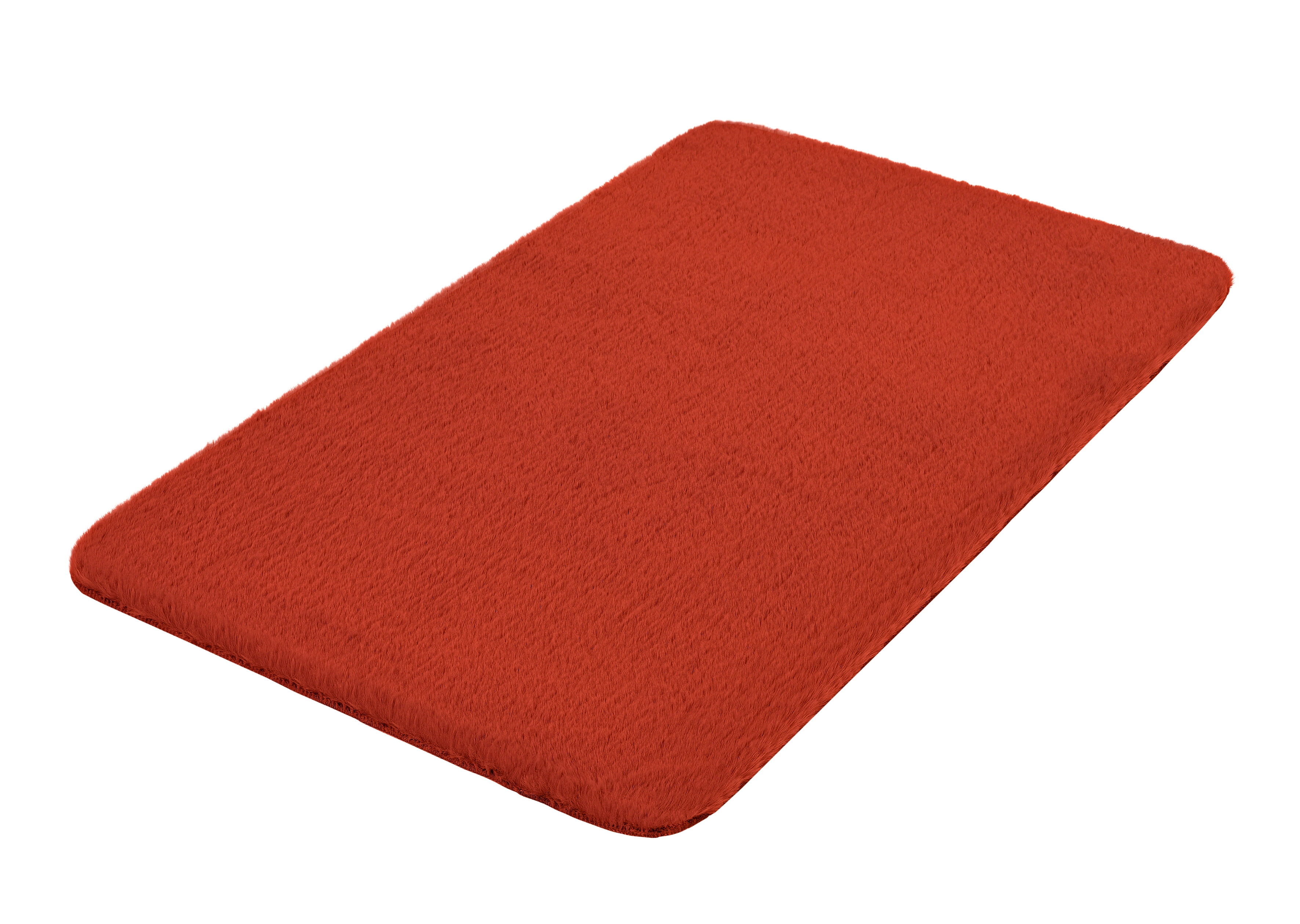 Rote, rechteckige Badematte mit weicher, flauschiger Oberfläche. Ideal für Badezimmer und Wellnessbereiche.