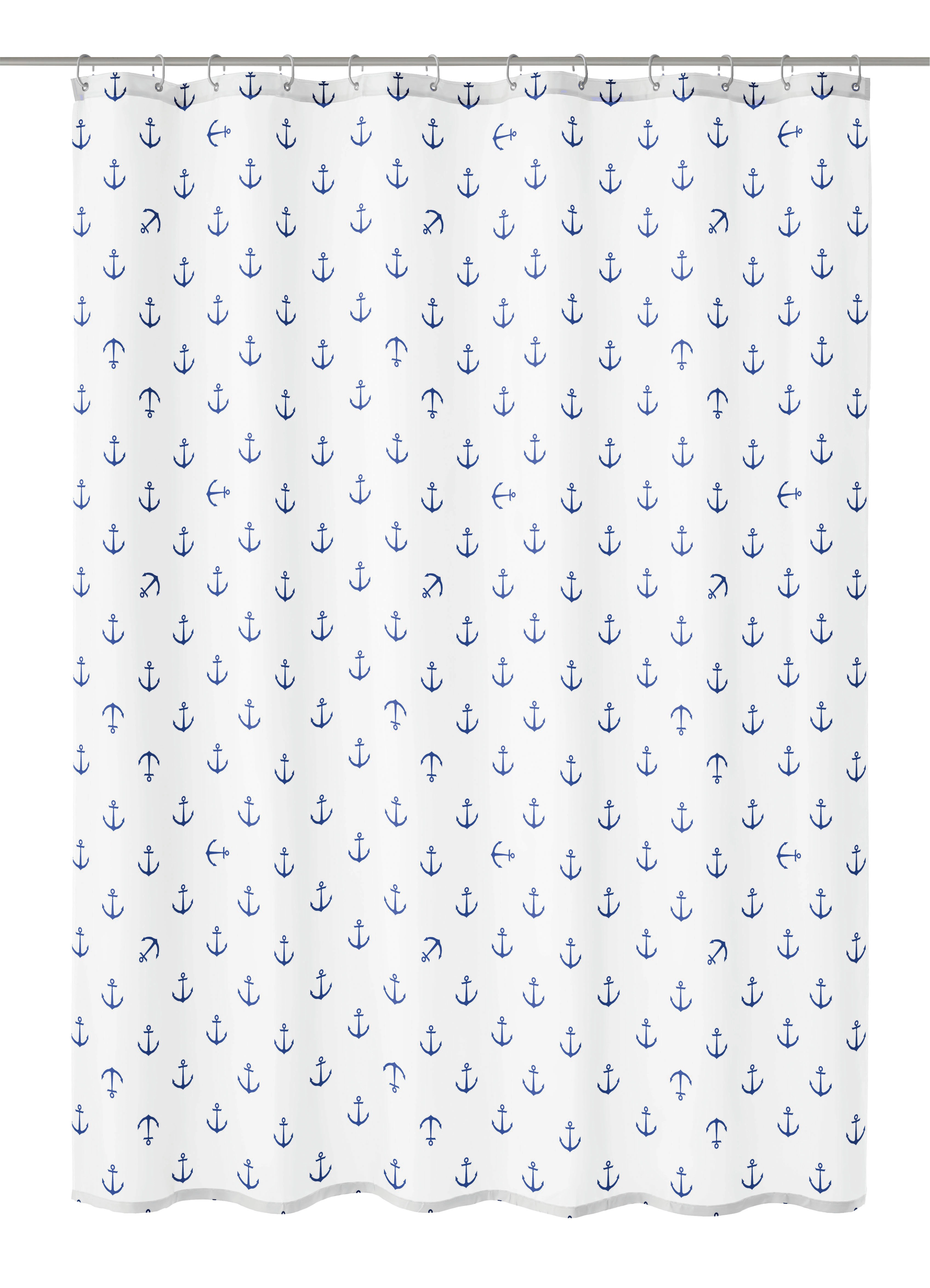 Duschvorhang Textil ANCHOR Dunkelblau 180 x 200 cm Duschvorhang mit maritimem Anker-Muster in Blau auf weißem Hintergrund, ideal für ein stilvolles Badezimmer.