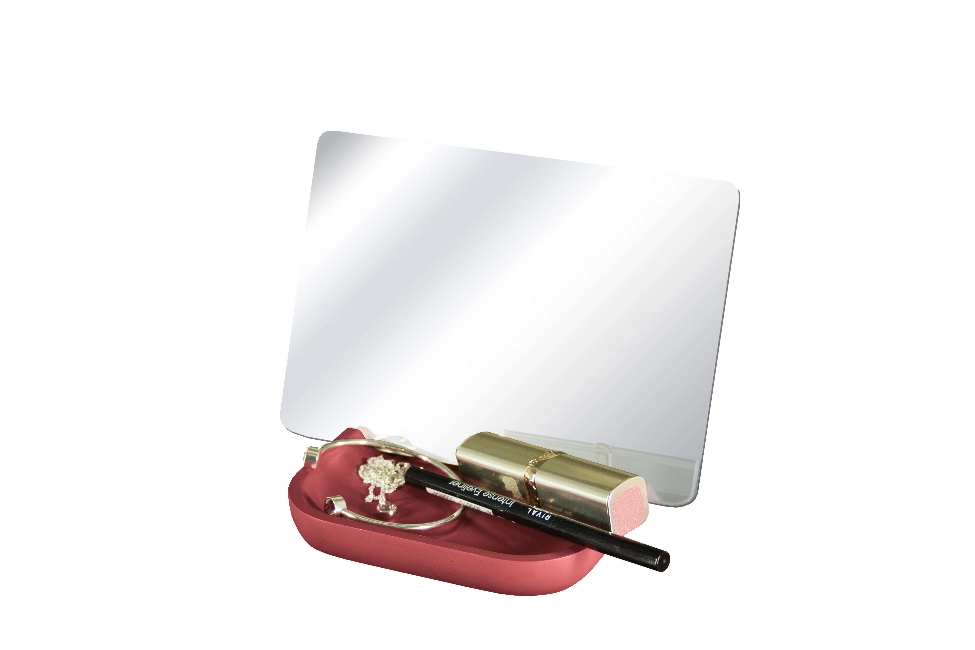 Kosmetikspiegel mit rotem Ablagefach, ideal für Schmuck und Make-up-Accessoires. Perfekt für den Schminktisch.