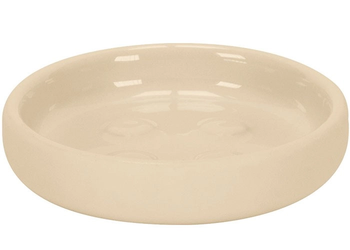 4004478322332 Beige Seifenschale aus Keramik mit glänzender Oberfläche, ideal für Badezimmer und Gäste-WCs. Schlichtes, elegantes Design.