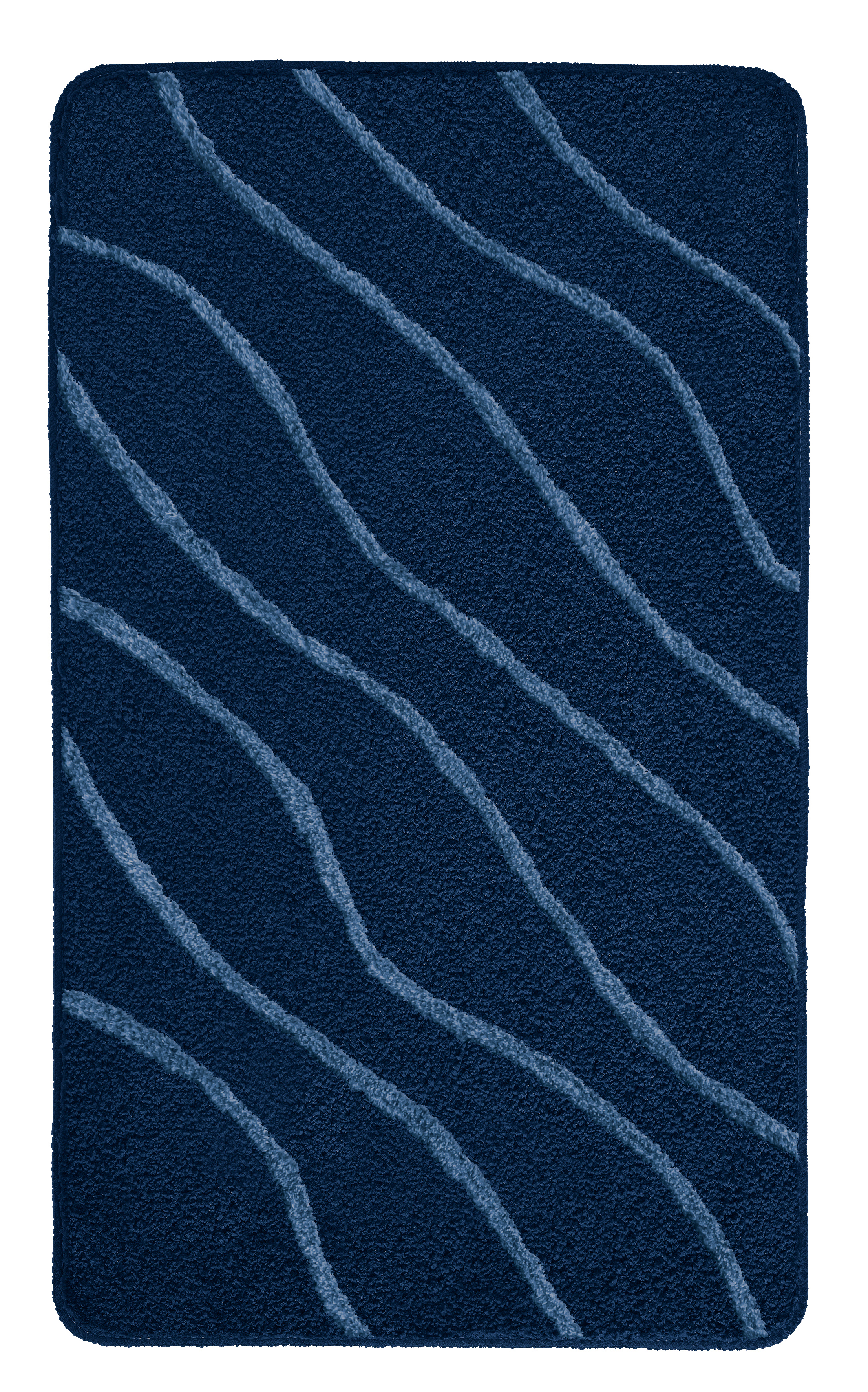 Dunkelblauer Badteppich mit wellenförmigem Muster in hellblau. Rechteckige Form, weiche Textur, modernes Design.