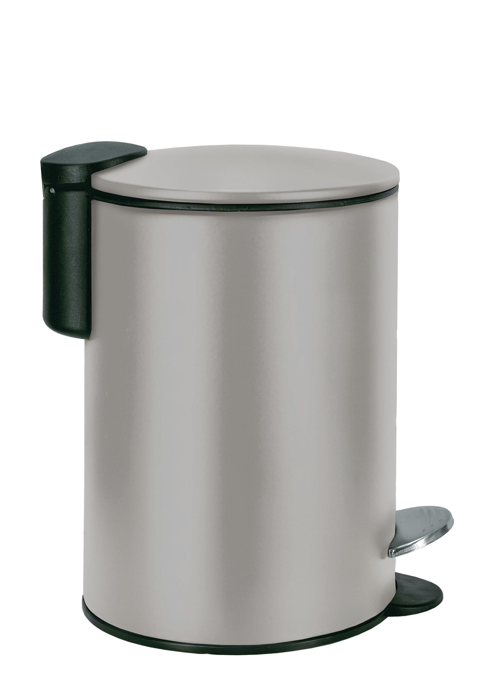 Kosmetikeimer SILENCE Platinfarben 3 Liter Runder, silberner Treteimer mit schwarzem Deckel und Pedal, ideal für Badezimmer oder Küche.