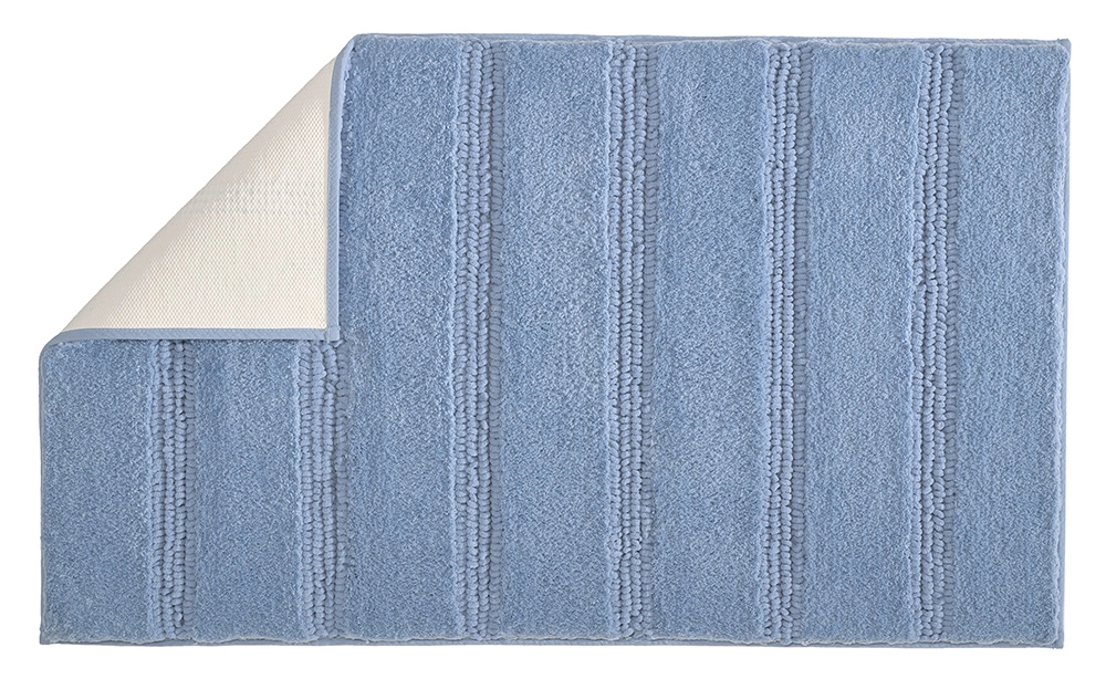 Blaue Badematte mit Streifenmuster, weiche Textur, rutschfeste Rückseite, ideal für Badezimmer.