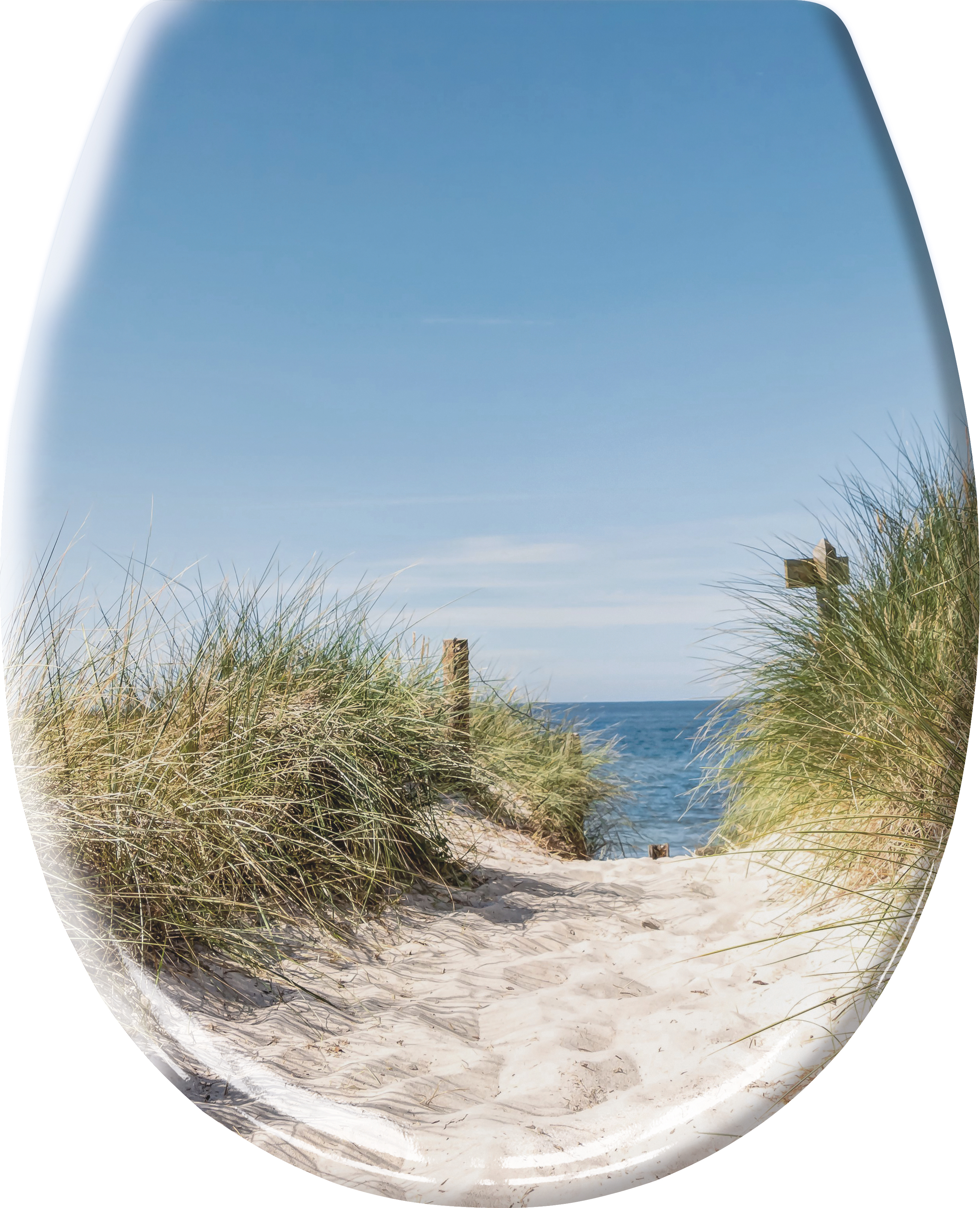WC-Sitz mit Strandmotiv, zeigt einen sandigen Pfad durch Dünen zum Meer unter klarem, blauem Himmel.