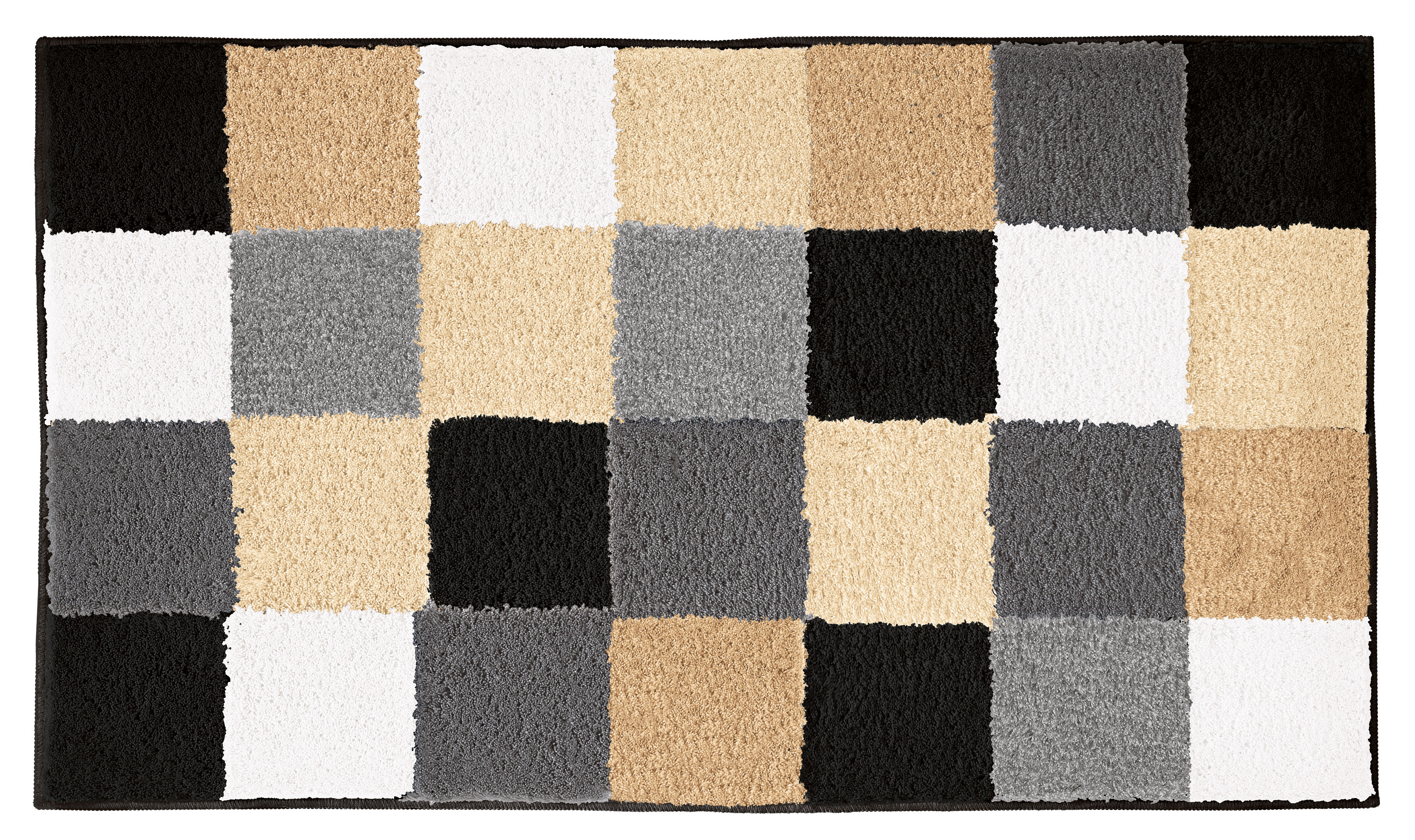 Badematte mit Karomuster in Schwarz, Weiß, Grau und Beige. Weiche Textur, modernes Design, ideal für jedes Badezimmer.