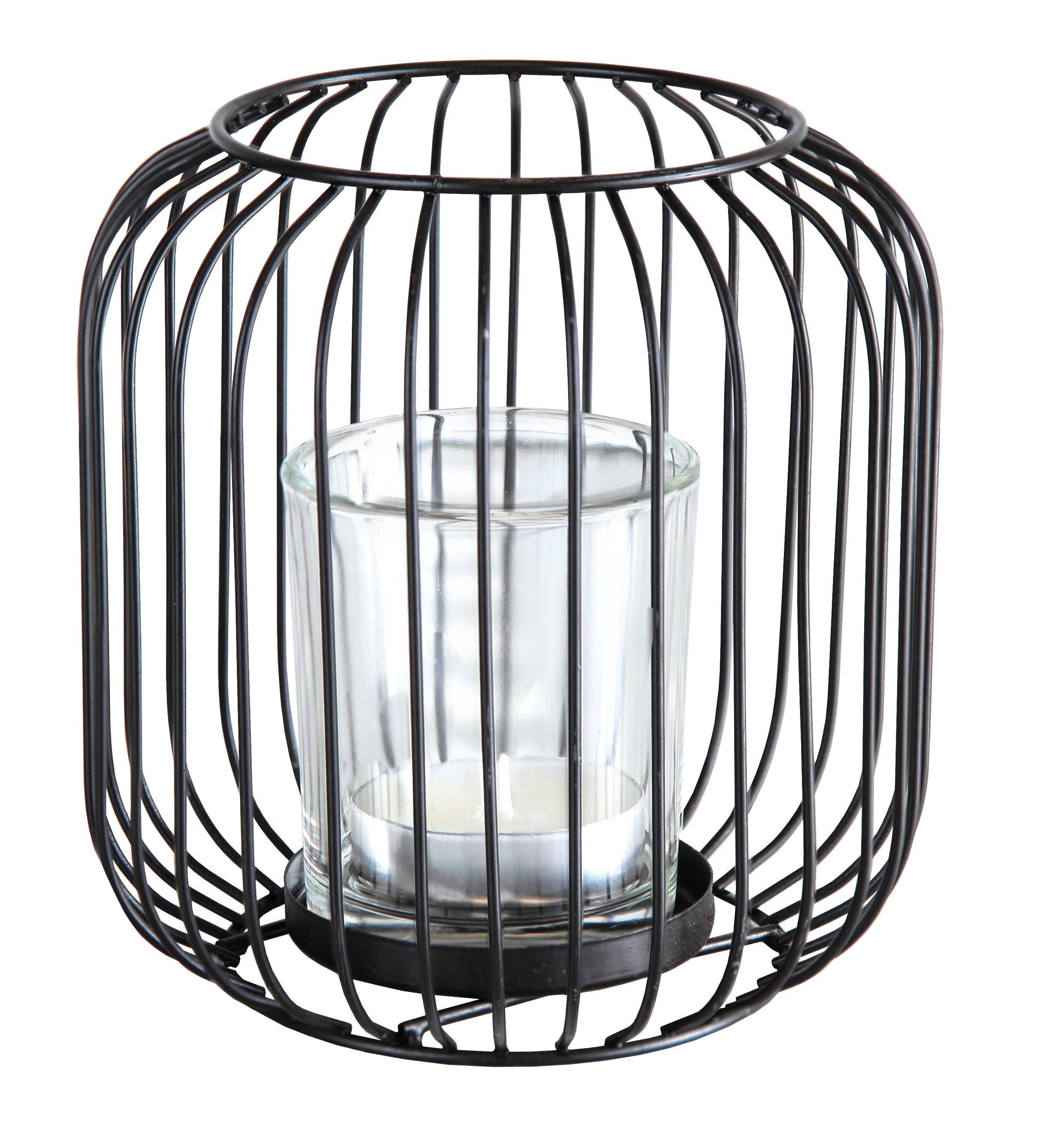 Schwarzer Kerzenhalter aus Metall mit Glasinneneinsatz, ideal für Teelichter. Modernes, stilvolles Design für gemütliche Atmosphäre.