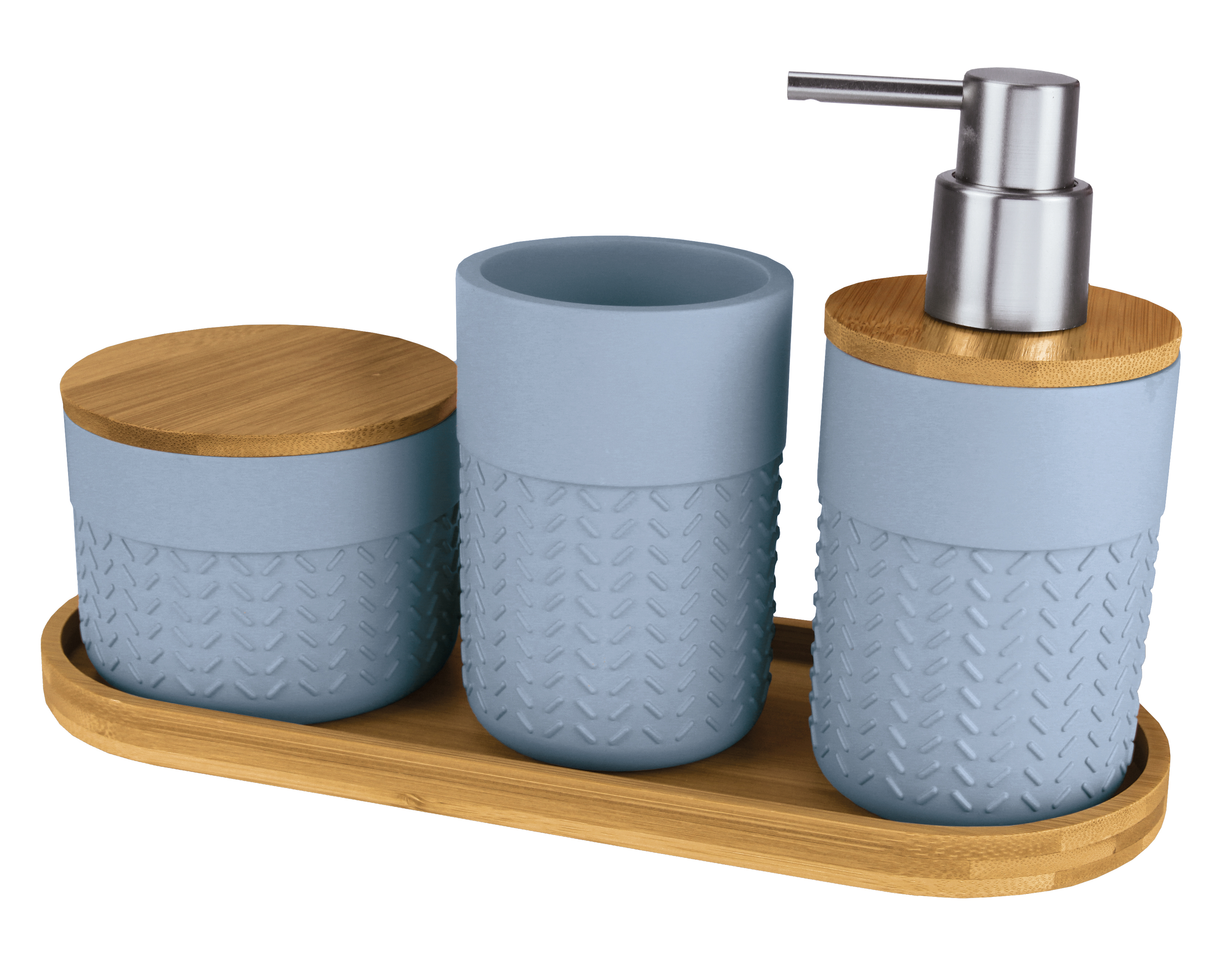 Badezimmer-Set in Blau mit Bambus-Details, bestehend aus Seifenspender, Zahnbürstenhalter und Aufbewahrungsdose auf einem Tablett.