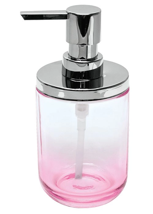 Durchsichtiger Seifenspender mit silbernem Pumpkopf und rosa Farbverlauf. Ideal für stilvolle Badezimmer.
