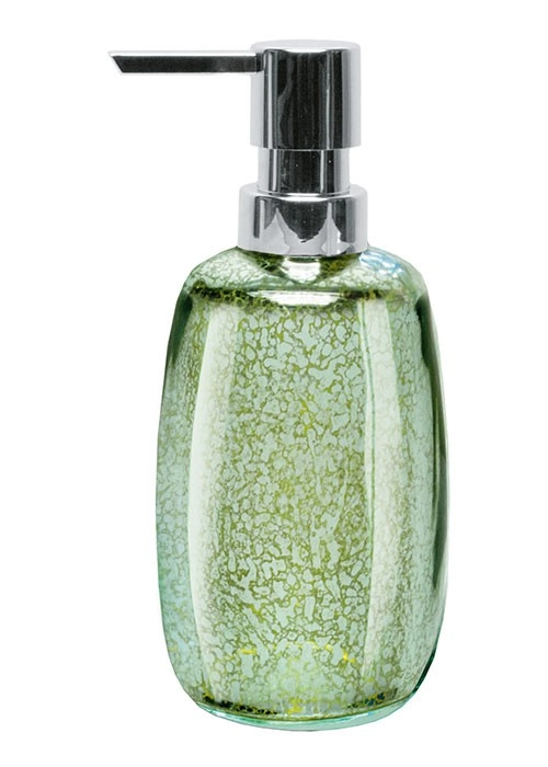 4004478289338 Eleganter Seifenspender aus grünem Glas mit silbernem Pumpkopf. Ideal für Badezimmer und Küchen. Modernes Design für stilvolle Akzente.