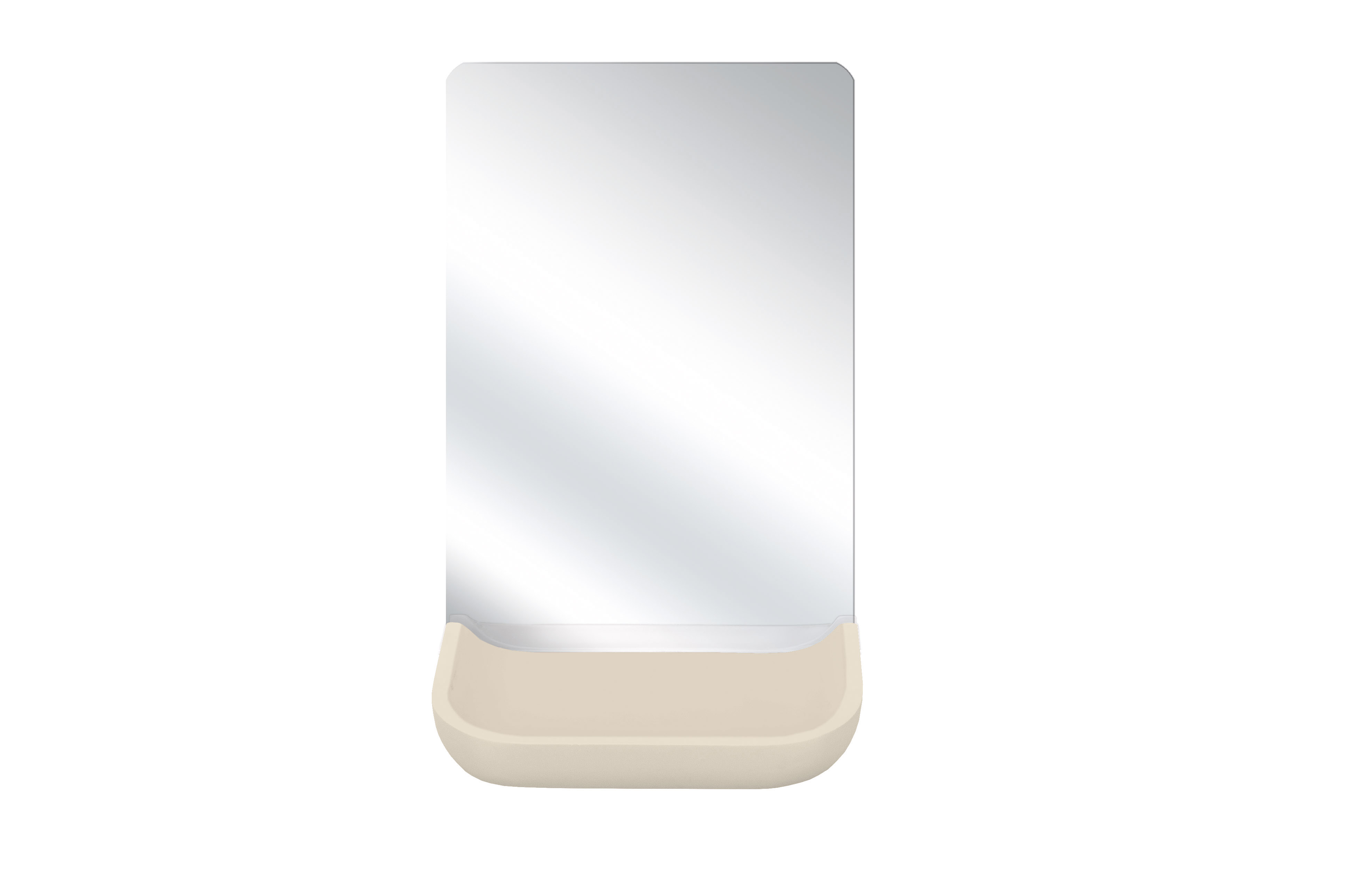 Moderner Wandspiegel mit integriertem Ablagefach in Beige, ideal für Badezimmer oder Flur. Schlichtes und funktionales Design.