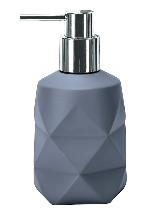 Grauer Seifenspender mit geometrischem Design und glänzendem Chrom-Pumpkopf. Modernes Accessoire für stilvolle Badezimmer.