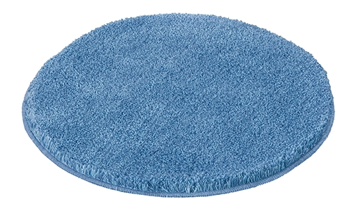Runder, blauer Badezimmerteppich mit weicher, flauschiger Oberfläche. Perfekt für ein gemütliches Badezimmerambiente.