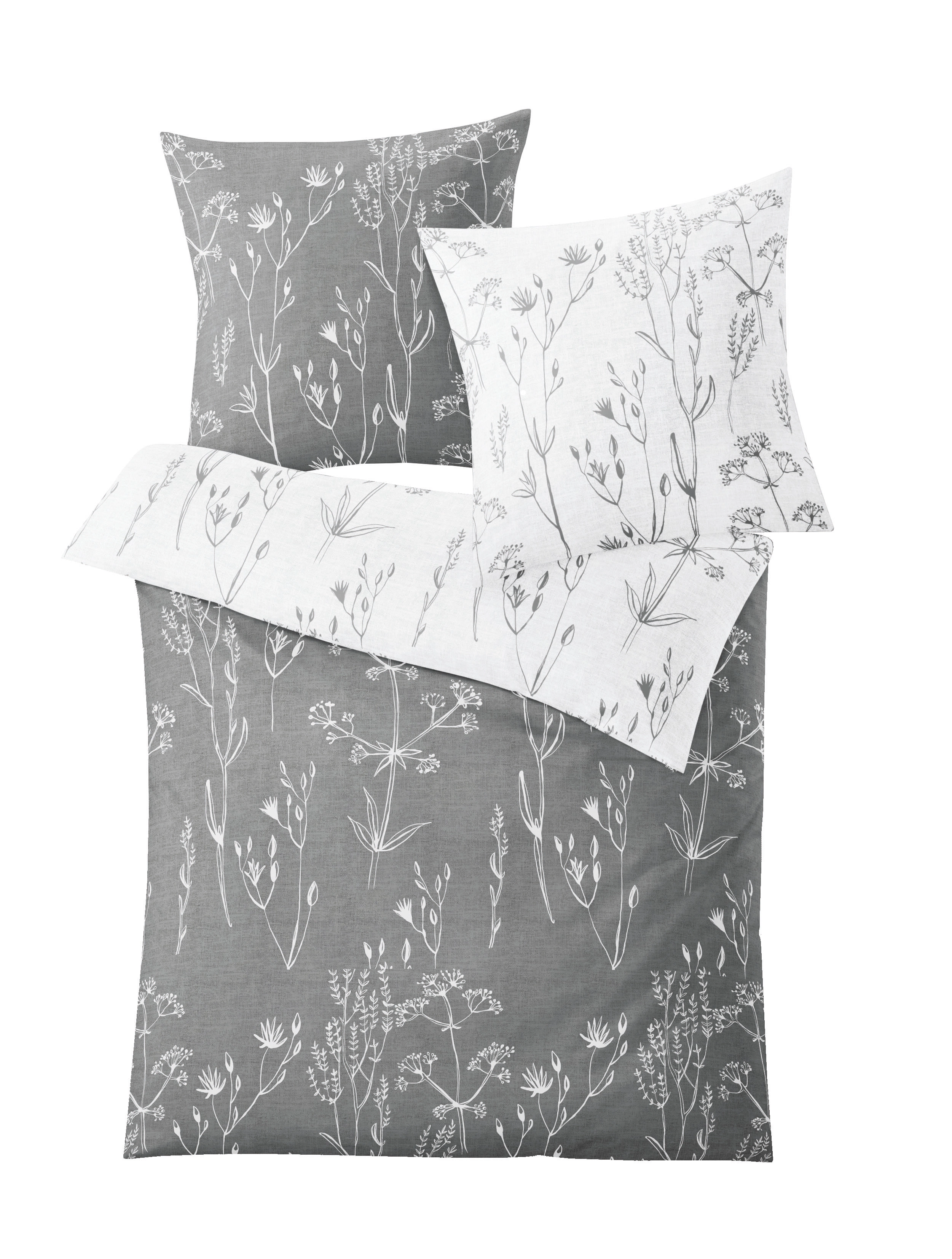 Bettwäsche Satin SAVANNAH Grau 135 x 200 cm und 80 x 80 cm Bettwäsche-Set mit floralen Mustern in Grau und Weiß, bestehend aus Decken- und Kissenbezug.