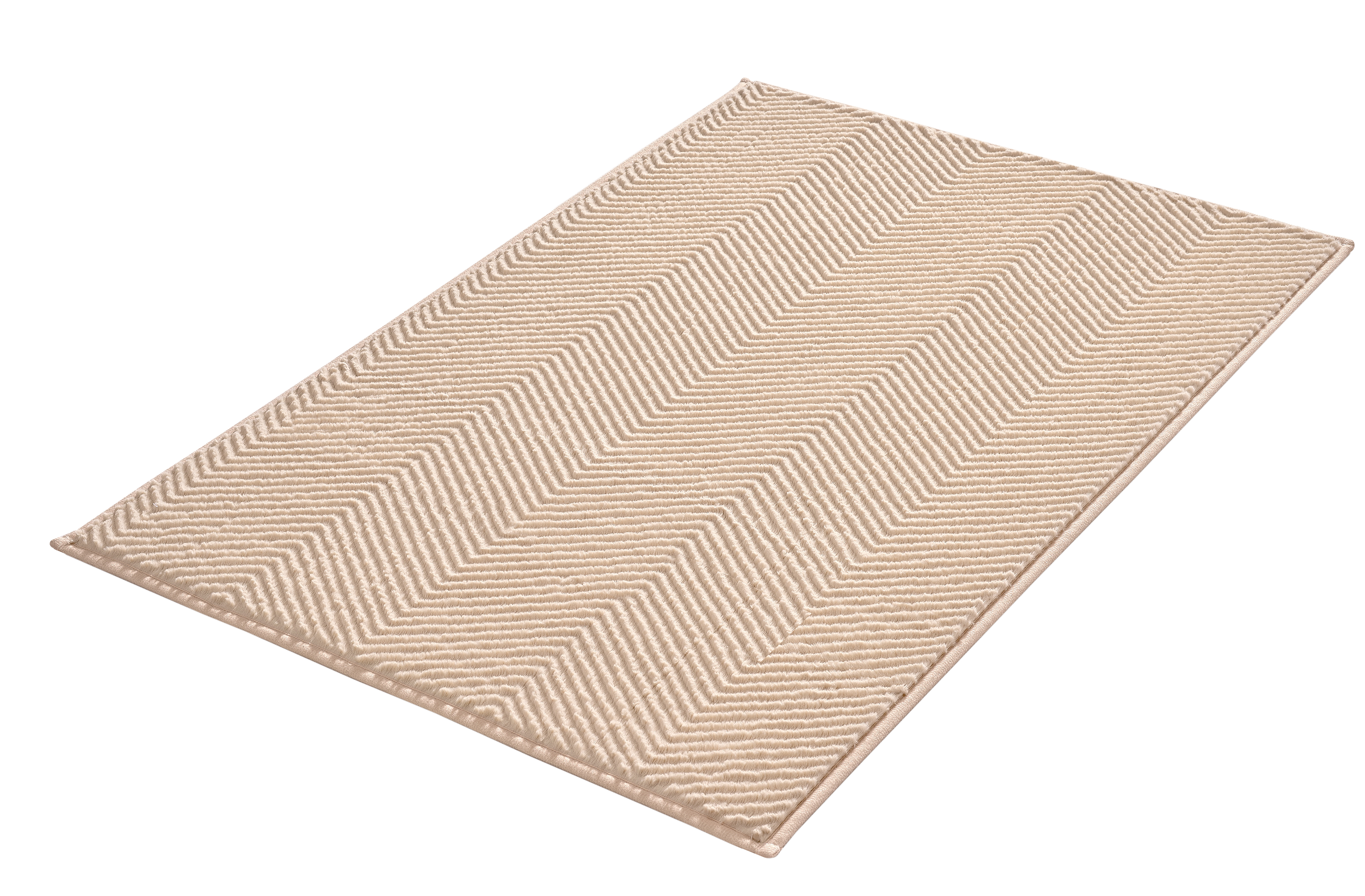 Beige Badematte mit Fischgrätenmuster, weiche Textur, rutschfeste Unterseite, ideal für Badezimmer und Wellnessbereiche.