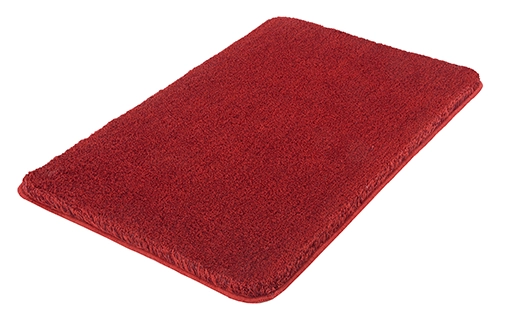 Rote Badematte aus weichem Material, rechteckig, rutschfest und saugfähig, ideal für Badezimmer und Wellnessbereiche.