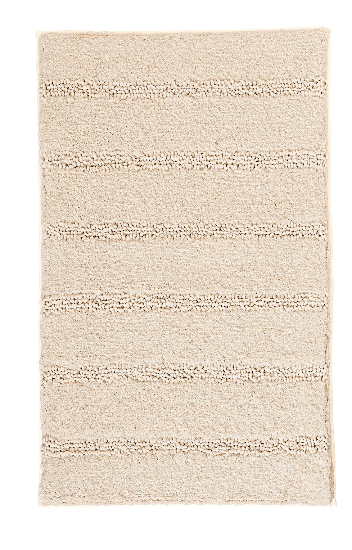 Beiger Badteppich mit horizontalen Streifen aus weichem, strukturiertem Material. Ideal für ein gemütliches Badezimmer.