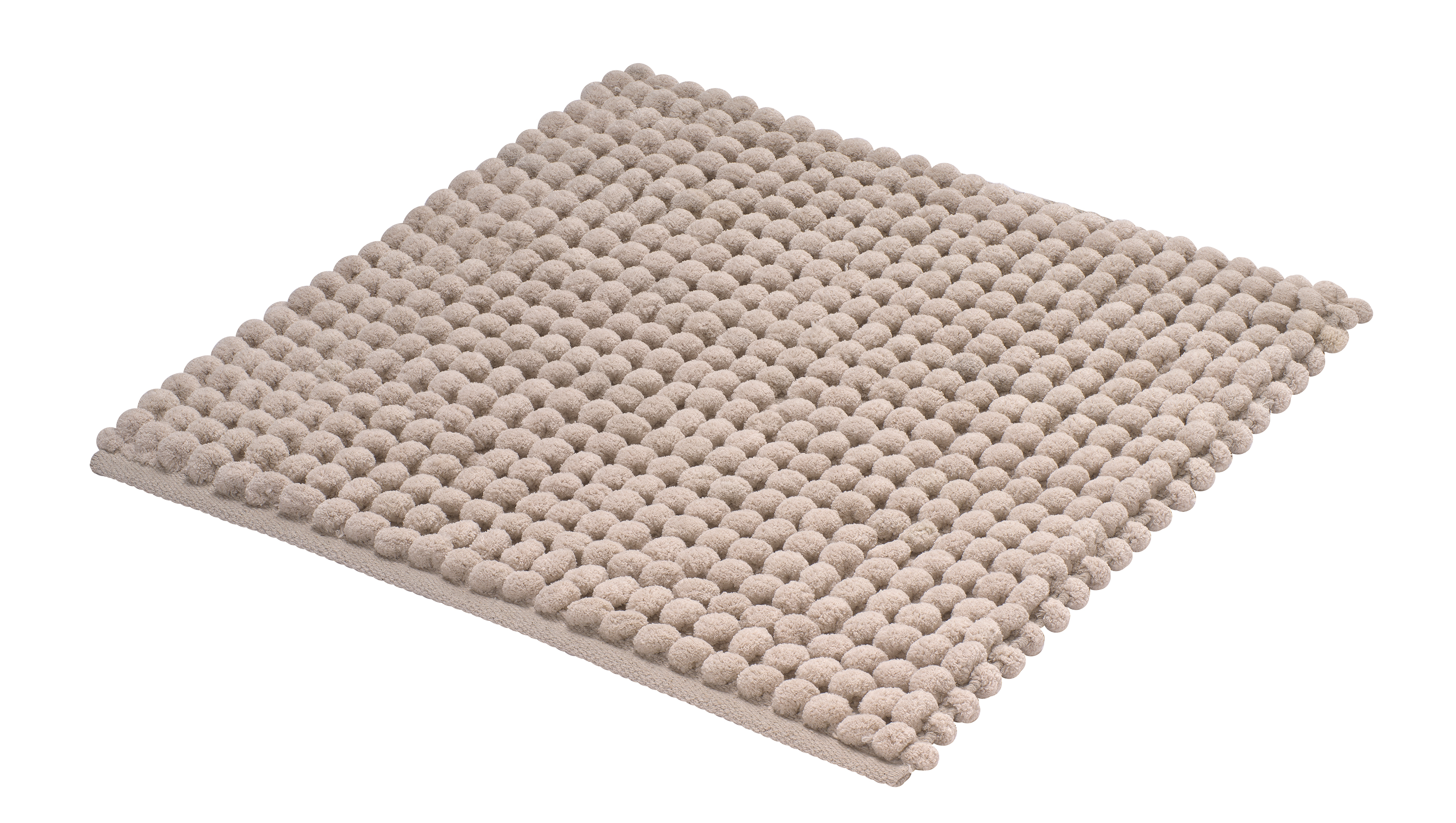 Beige Badematte mit weicher, strukturierter Oberfläche aus runden, flauschigen Noppen für ein angenehmes Fußgefühl.