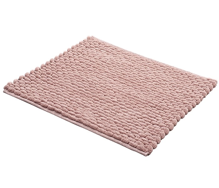 Weiche, rechteckige Badematte in zartem Rosa mit strukturierter Oberfläche für ein angenehmes Gefühl unter den Füßen.