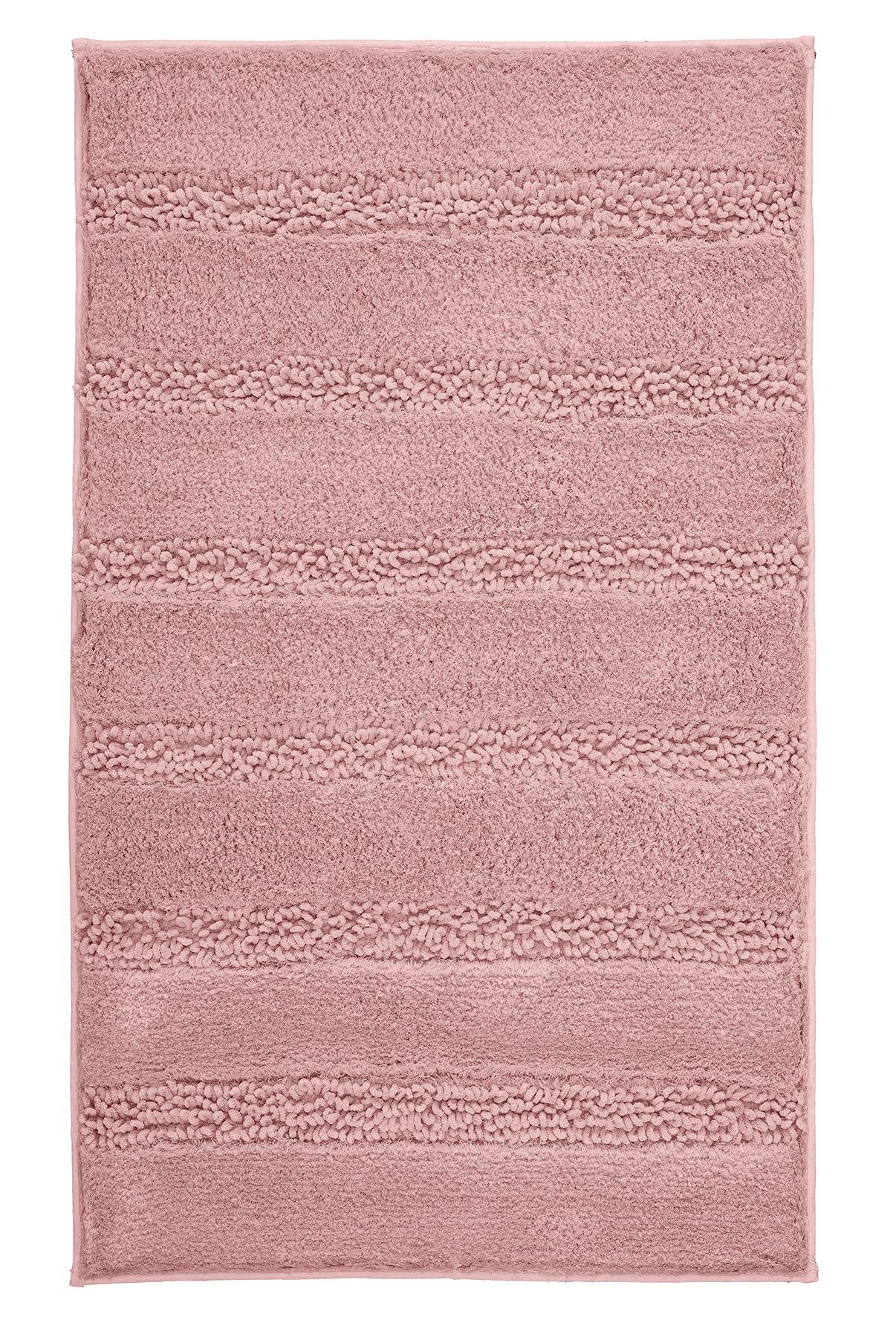 Weicher, rosafarbener Badteppich mit Streifenmuster, ideal für ein gemütliches und stilvolles Badezimmer.