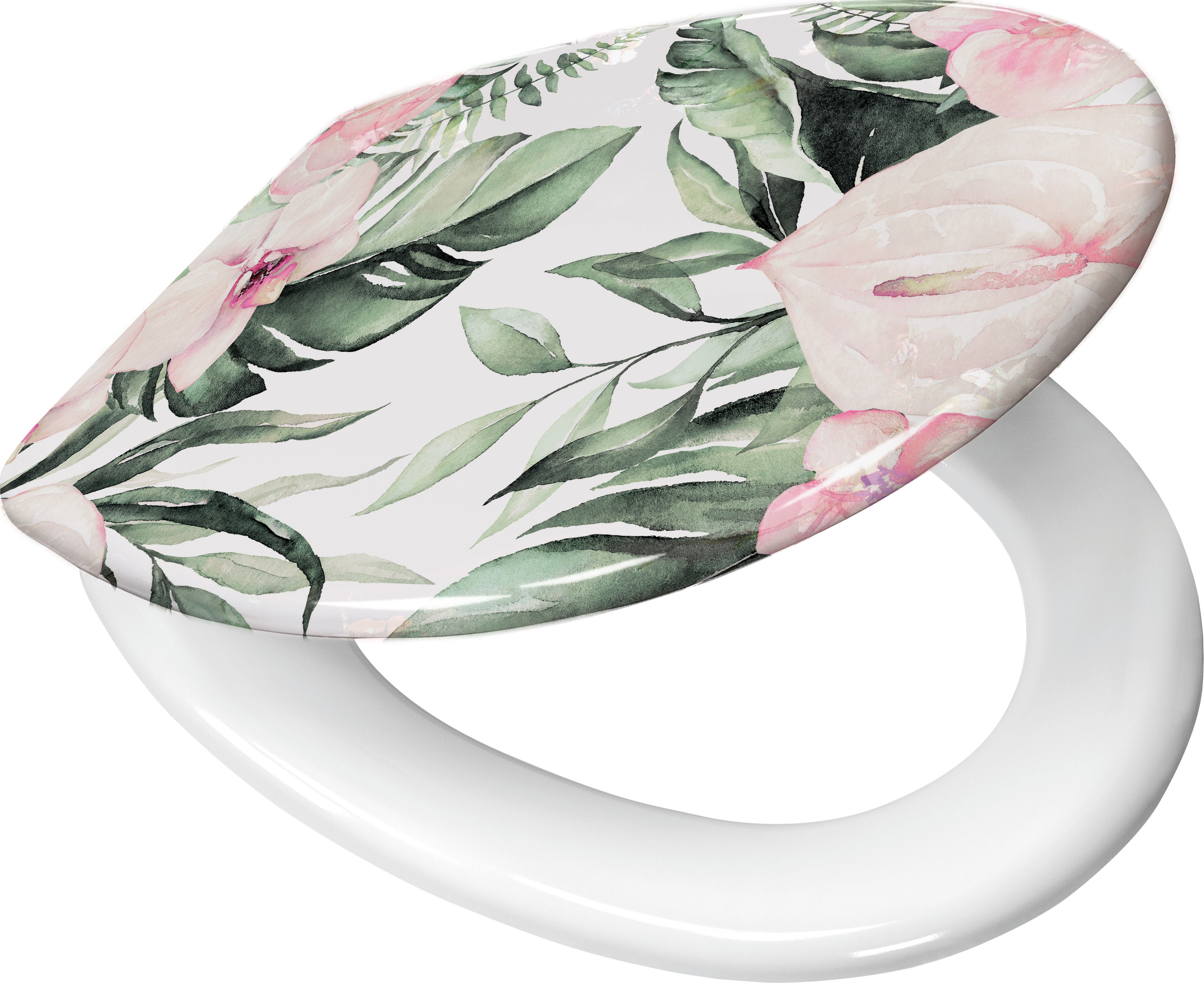 Toilettensitz mit floralem Design in zarten Rosa- und Grüntönen, ideal für eine stilvolle Badezimmerdekoration.