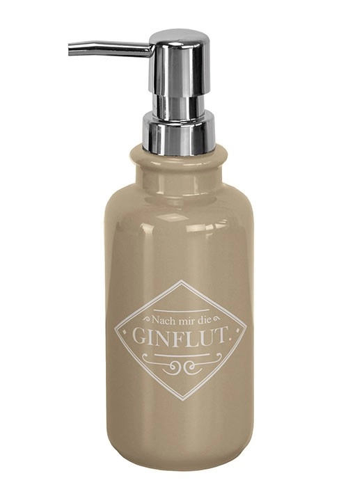 4004478328075 Beigefarbener Seifenspender mit silbernem Pumpkopf und der Aufschrift "Nach mir die Ginflut." Elegantes Design für Badezimmer und Küche.