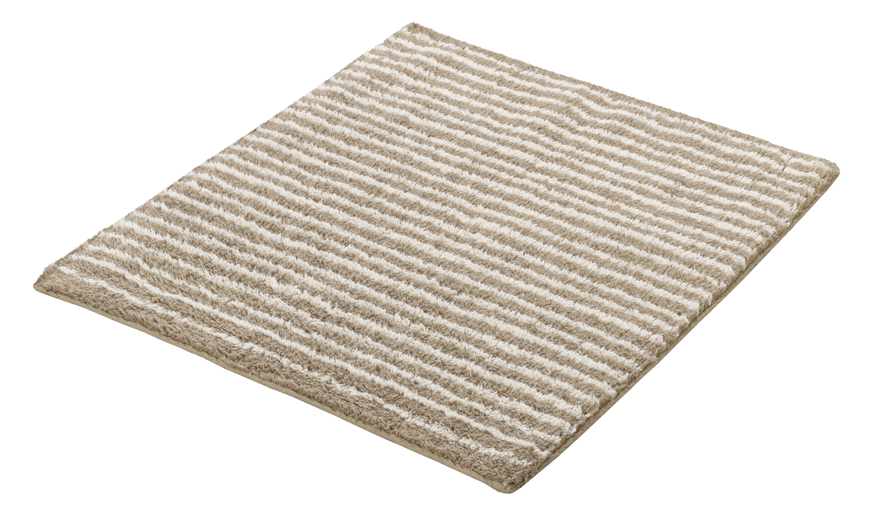 Beige-weißer, gestreifter Badteppich mit weicher, flauschiger Oberfläche. Ideal für ein gemütliches Badezimmer.