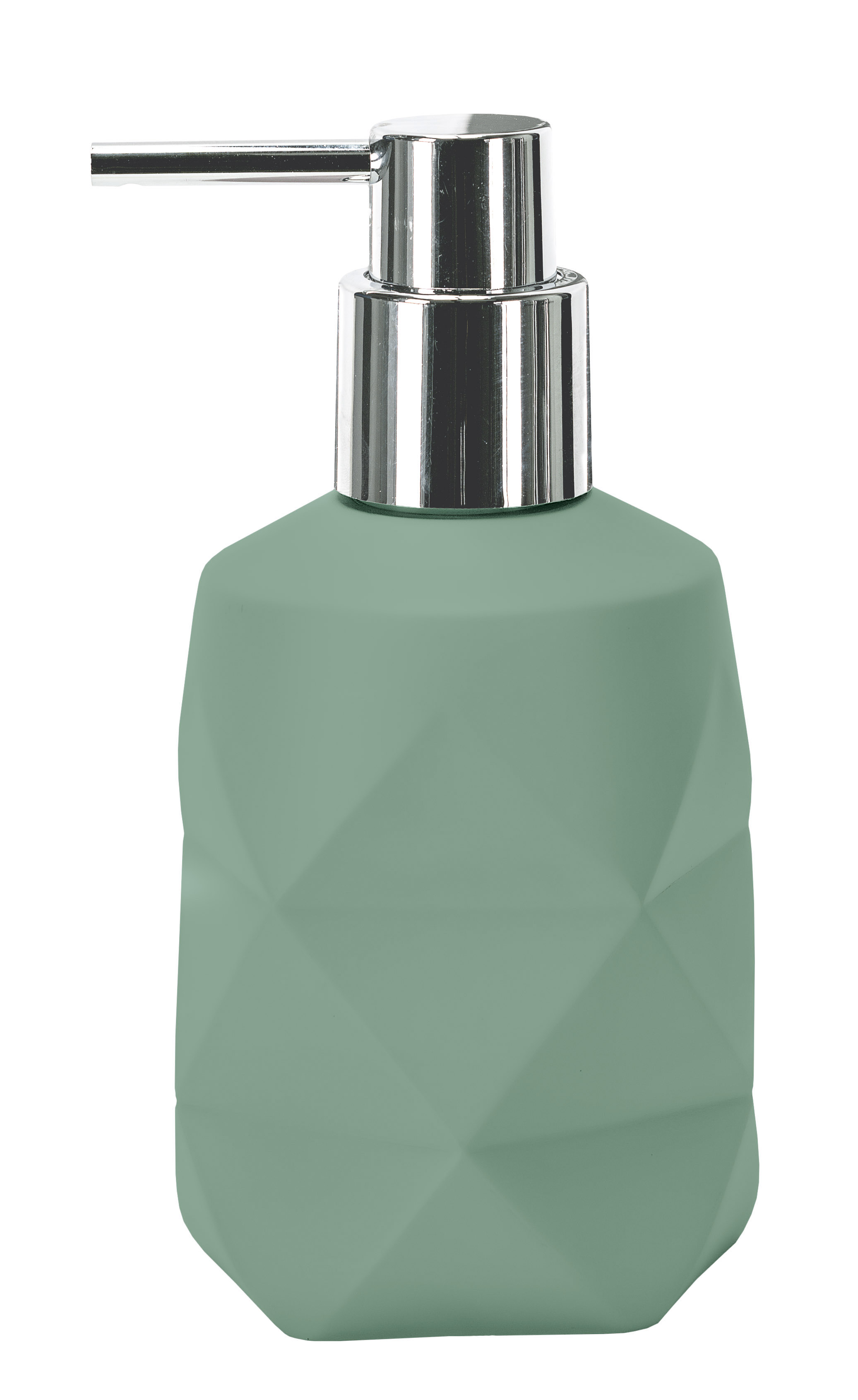 Grüner Seifenspender mit geometrischem Design und silbernem Pumpkopf. Ideal für moderne Badezimmer.