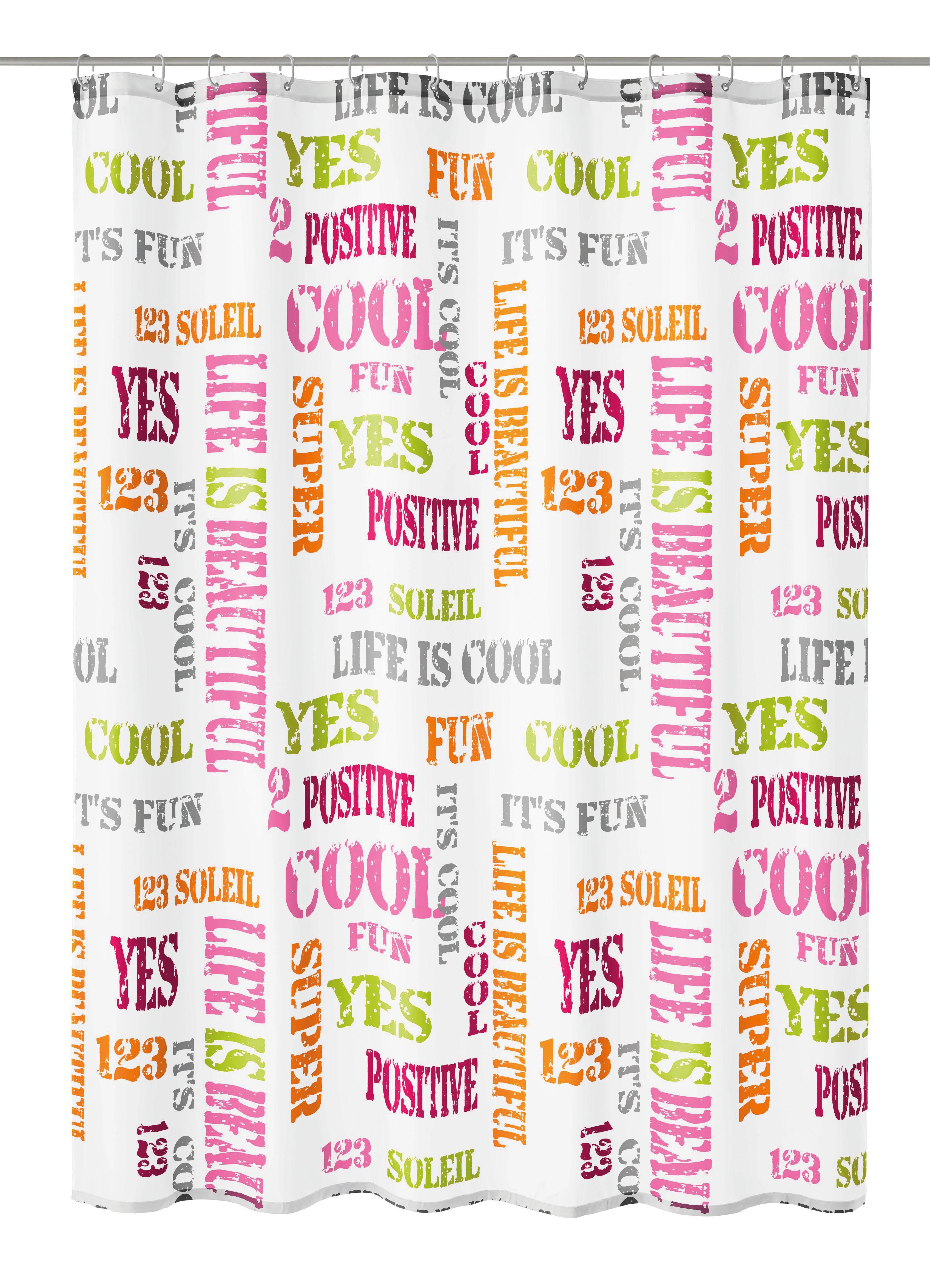Duschvorhang mit bunten, motivierenden Schriftzügen wie "Life is cool" und "Positive" auf weißem Hintergrund.
