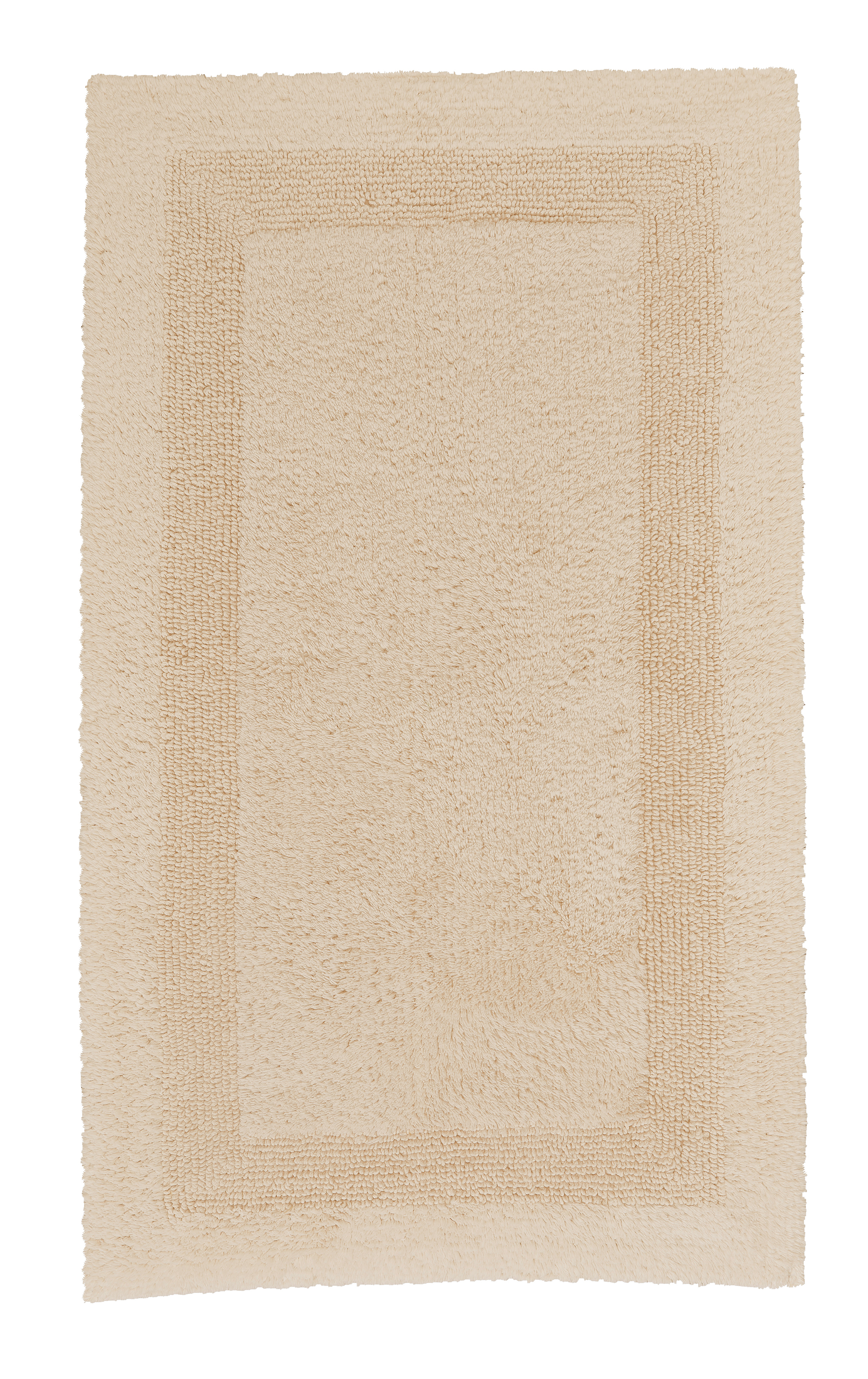 Beige Badematte mit rechteckigem Design und weicher, flauschiger Textur für ein komfortables Badeerlebnis.