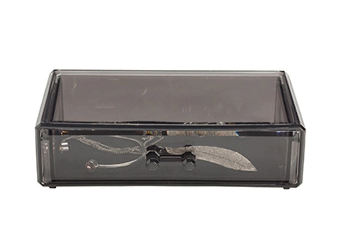 4004478302945 Transparente Aufbewahrungsbox mit schwarzem Rahmen und Schublade, ideal für Schmuck oder Kosmetik. Modernes und elegantes Design.