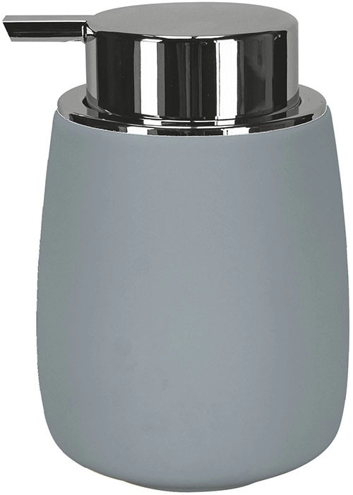 4004478324985 Moderner Seifenspender in Grau mit glänzendem Chrom-Pumpkopf. Elegantes Design, ideal für jedes Badezimmer oder Küche.