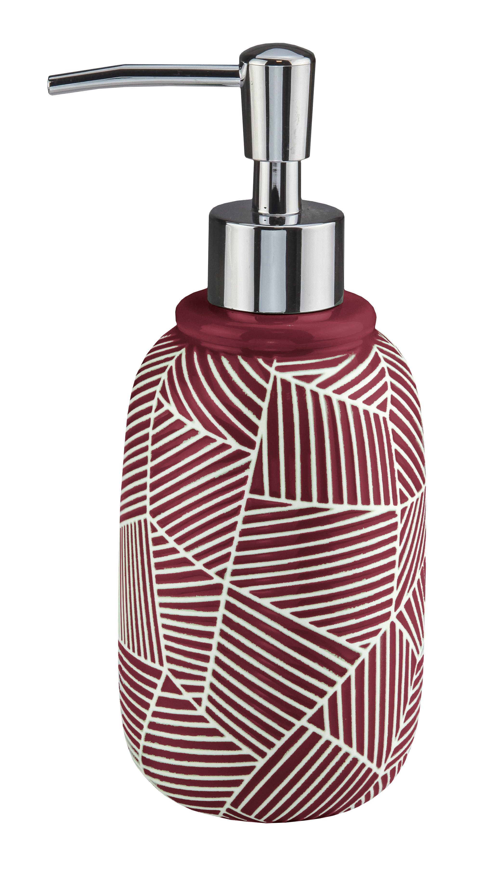 Seifenspender mit modernem, geometrischem Muster in Rot und Weiß, verchromter Pumpkopf. Ideal für stilvolle Badezimmer.