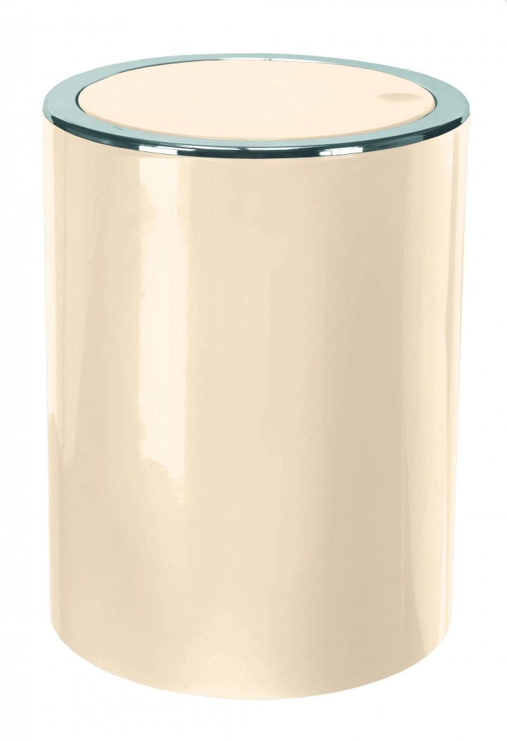 4004478266896 Beigefarbener, zylindrischer Kosmetikeimer mit glänzendem Deckel und modernem Design, ideal für Badezimmer oder Büros.