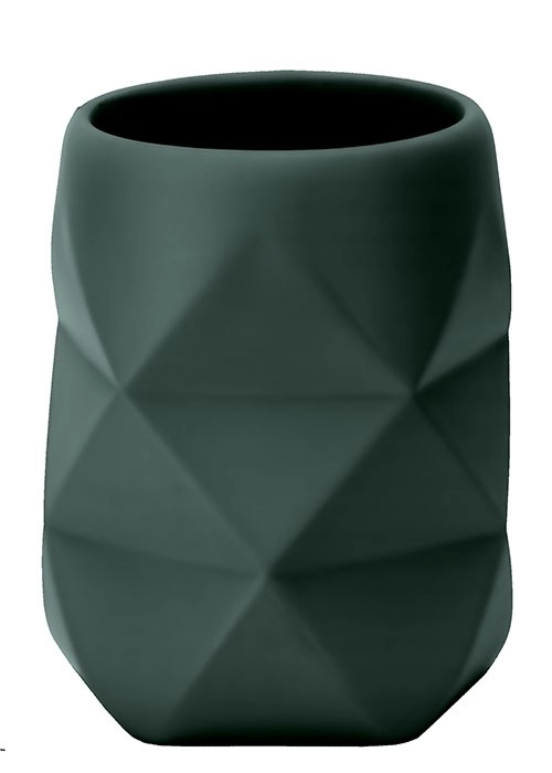 Moderner, dunkelgrüner Zahnputzbecher mit geometrischem Design und matter Oberfläche. Ideal für stilvolle Badezimmer.
