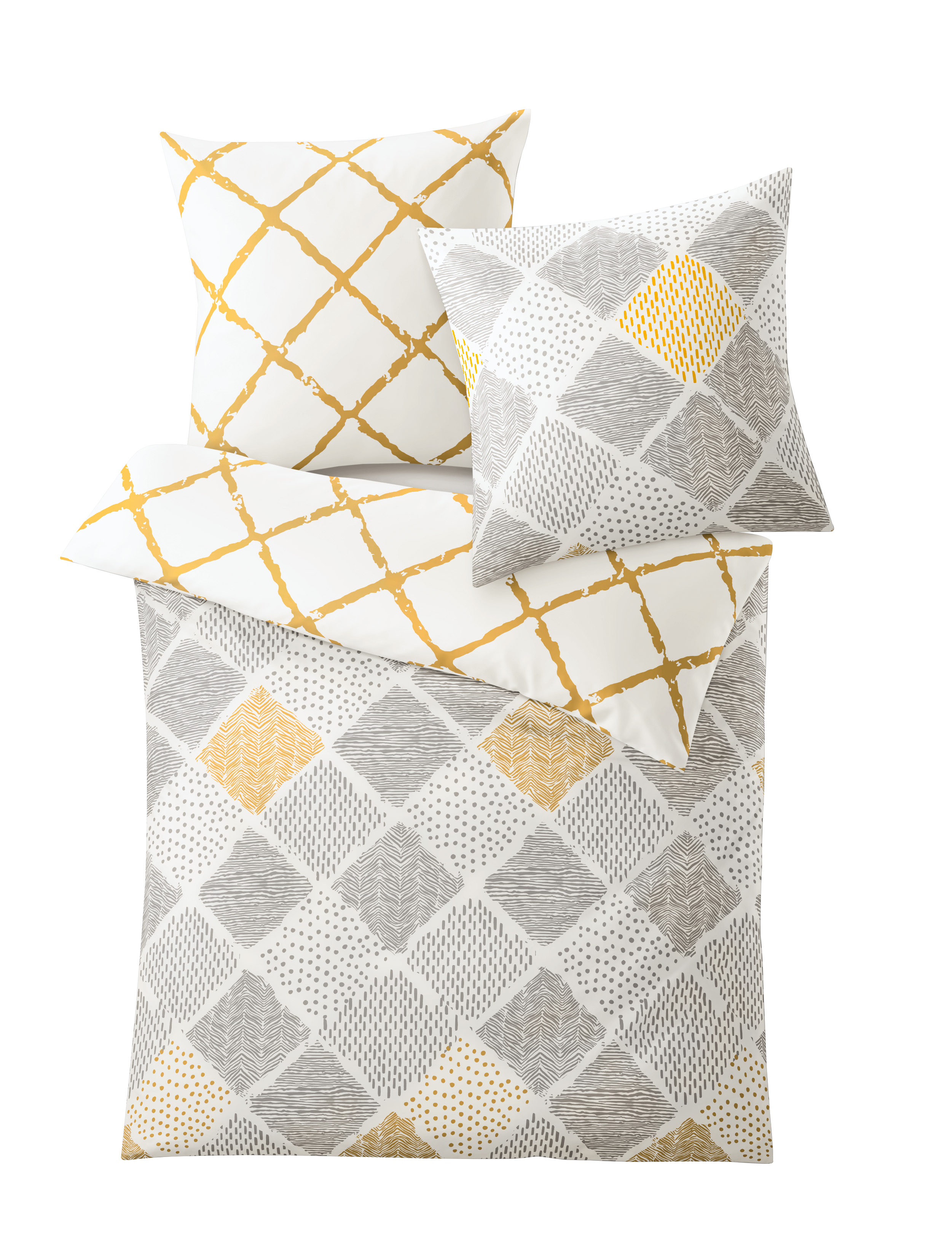 Bettwäsche-Set mit modernem Rautenmuster in Gelb, Grau und Weiß. Hochwertige Materialien für optimalen Schlafkomfort.