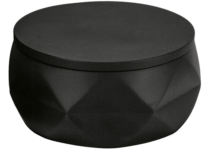 4004478319479 Schwarze, runde Aufbewahrungsdose mit modernem, geometrischem Design. Ideal für stilvolle Organisation im Bad oder Wohnbereich.