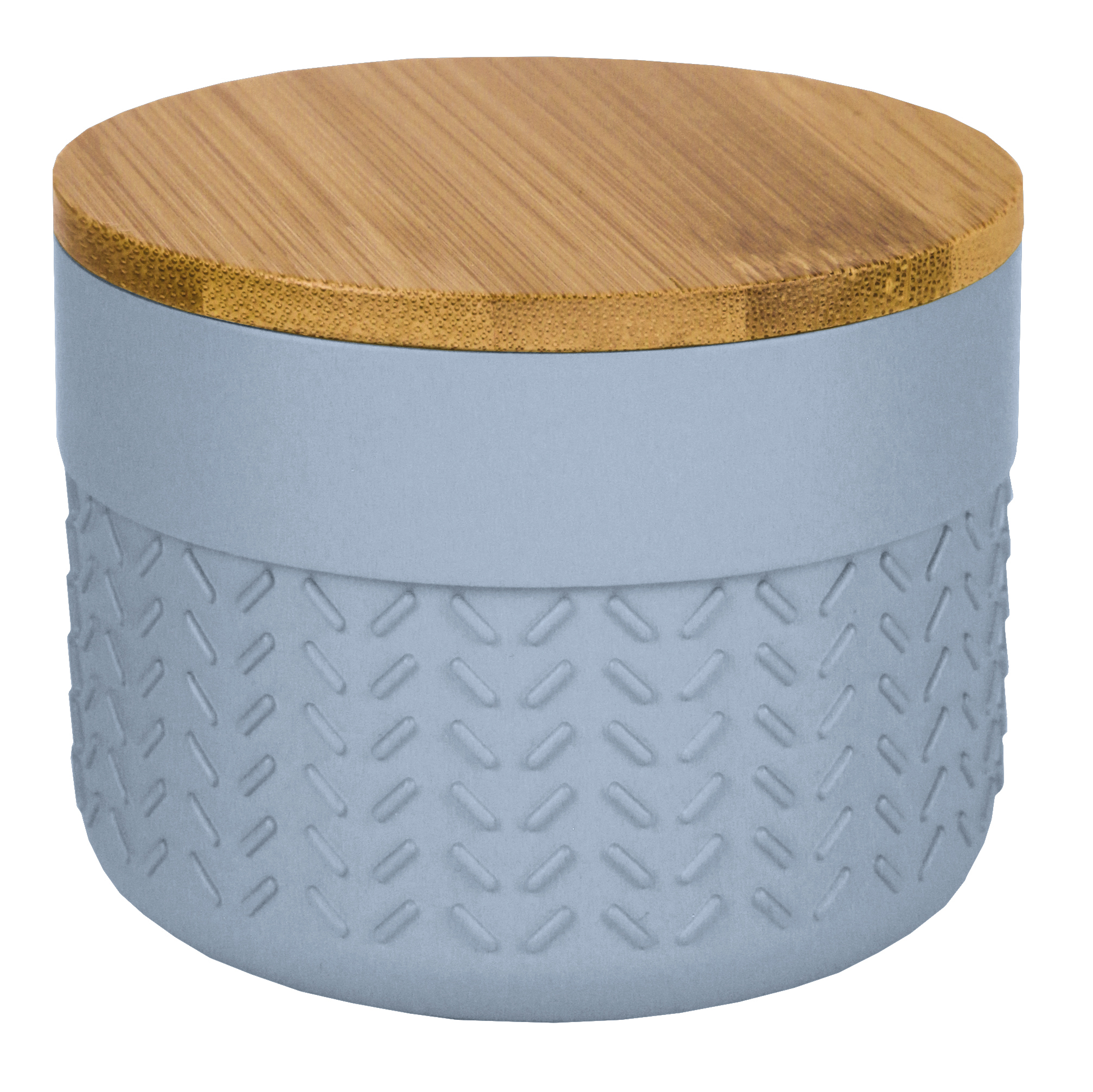 Wattedose DASH Iceblue Runde Aufbewahrungsdose mit grauer, strukturierter Oberfläche und einem Deckel aus hellem Holz.