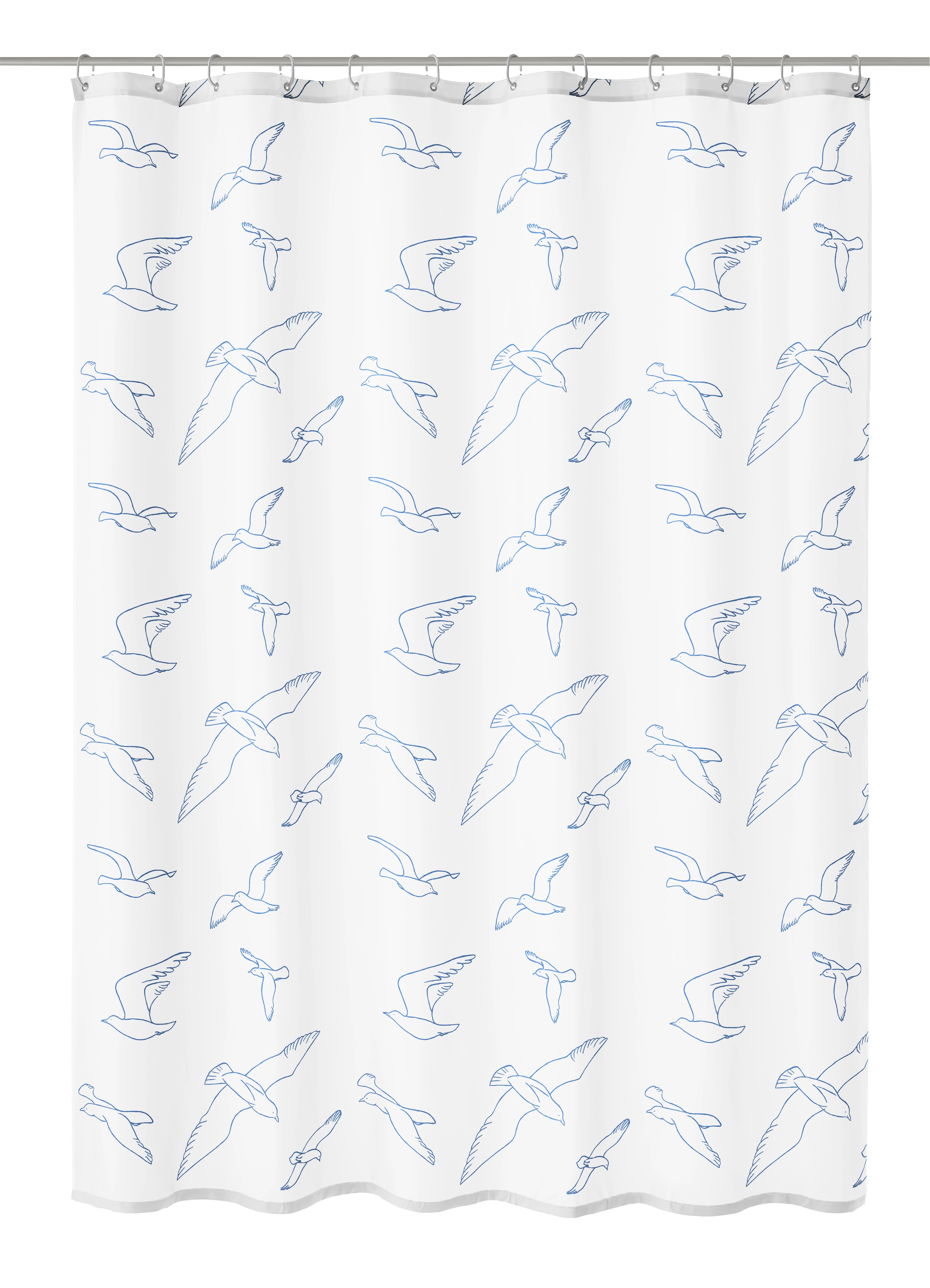 Duschvorhang Textil BIRDIE Weiß 180 x 200 cm Duschvorhang mit blauem Möwenmuster auf weißem Hintergrund, ideal für ein maritimes Badezimmerambiente.