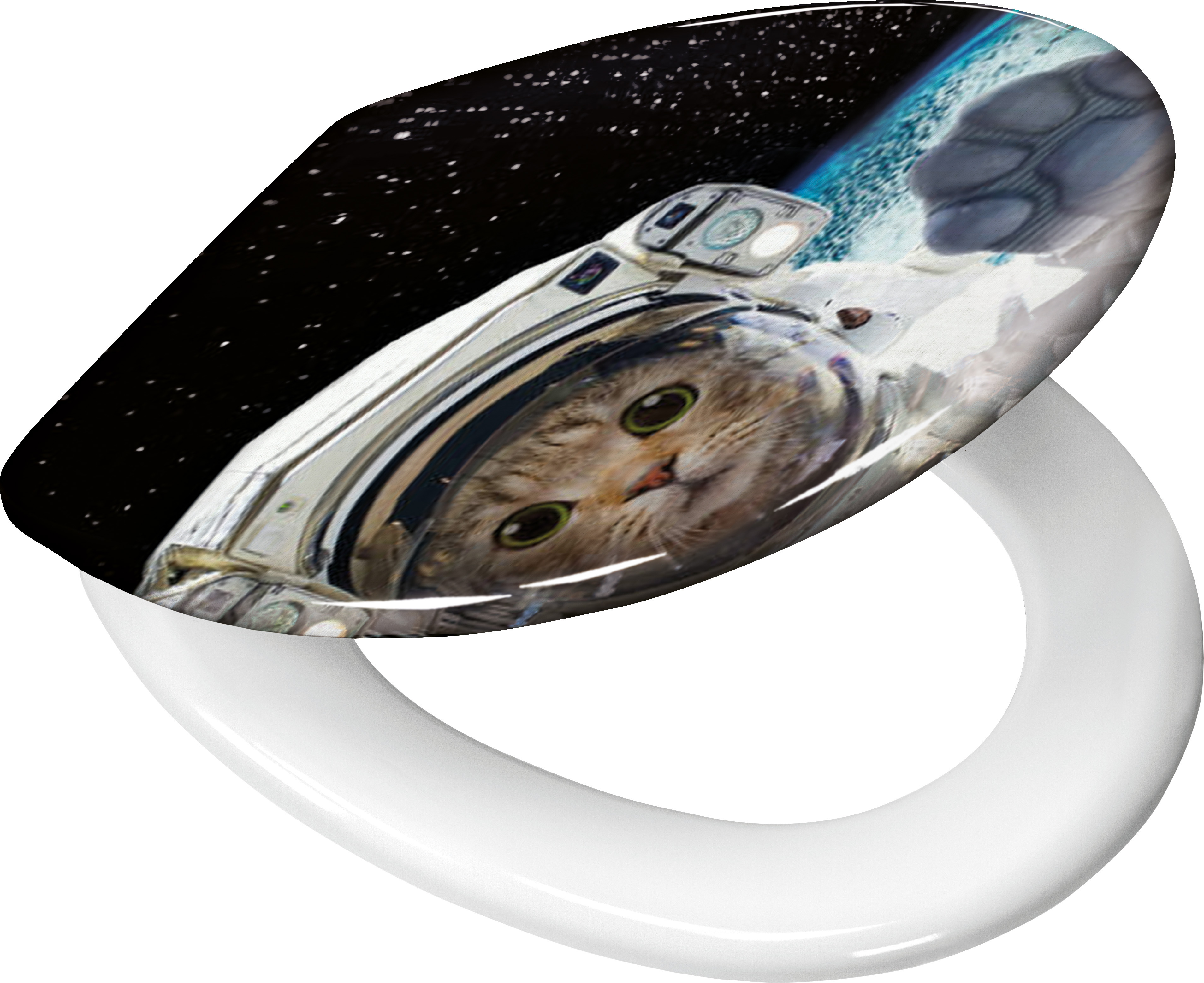 WC-Sitz mit Katzenmotiv im Astronautenanzug vor einem Weltraumhintergrund. Perfekt für Katzenliebhaber und Weltraumfans.