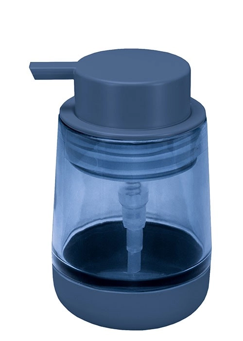 Moderner Seifenspender in elegantem Blau mit transparentem Behälter und praktischem Pumpmechanismus. Ideal für Badezimmer und Küchen.