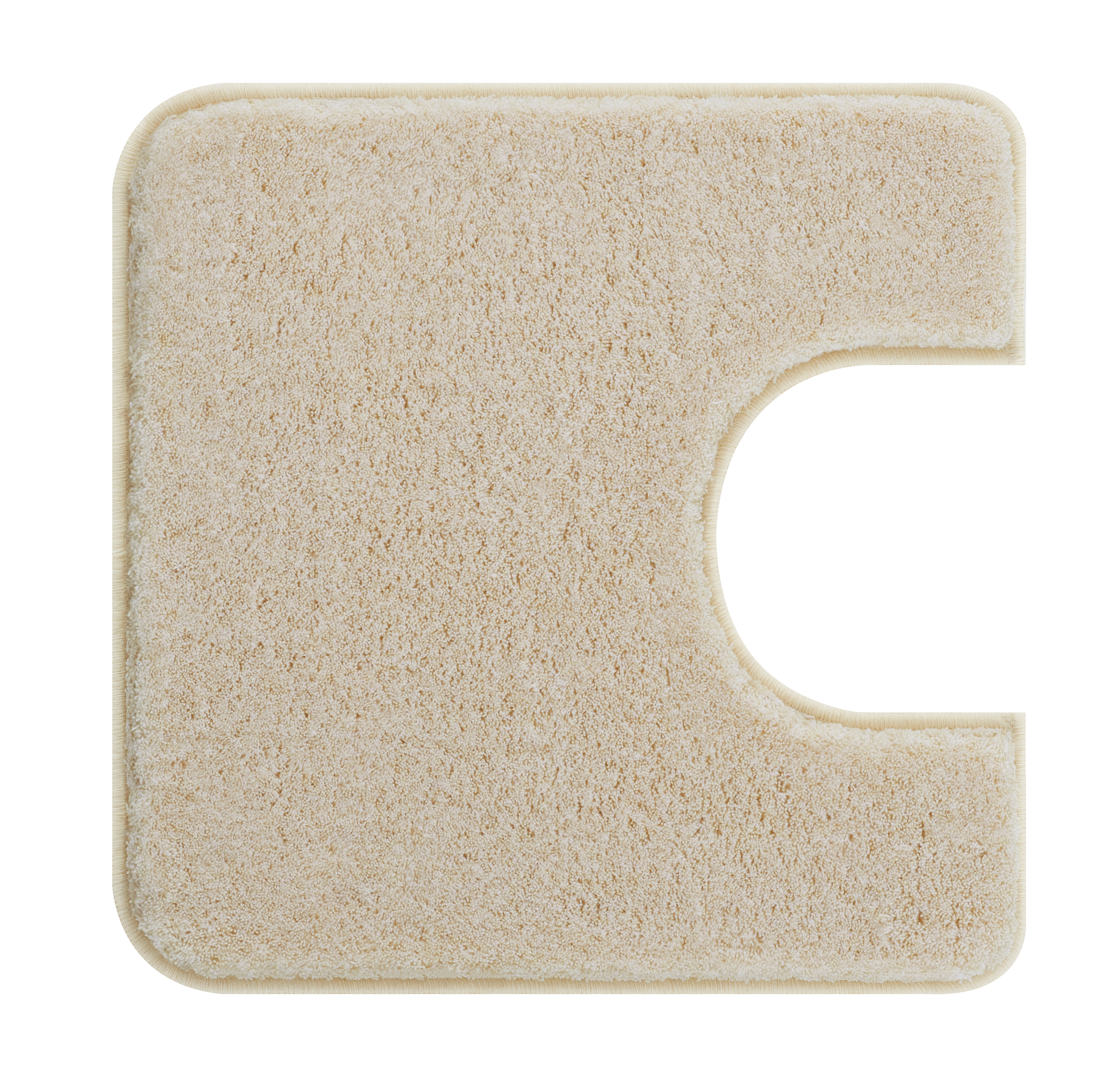 Beige WC-Vorleger mit weicher, flauschiger Oberfläche und Ausschnitt für die Toilettenbasis. Perfekt für ein gemütliches Badezimmer.