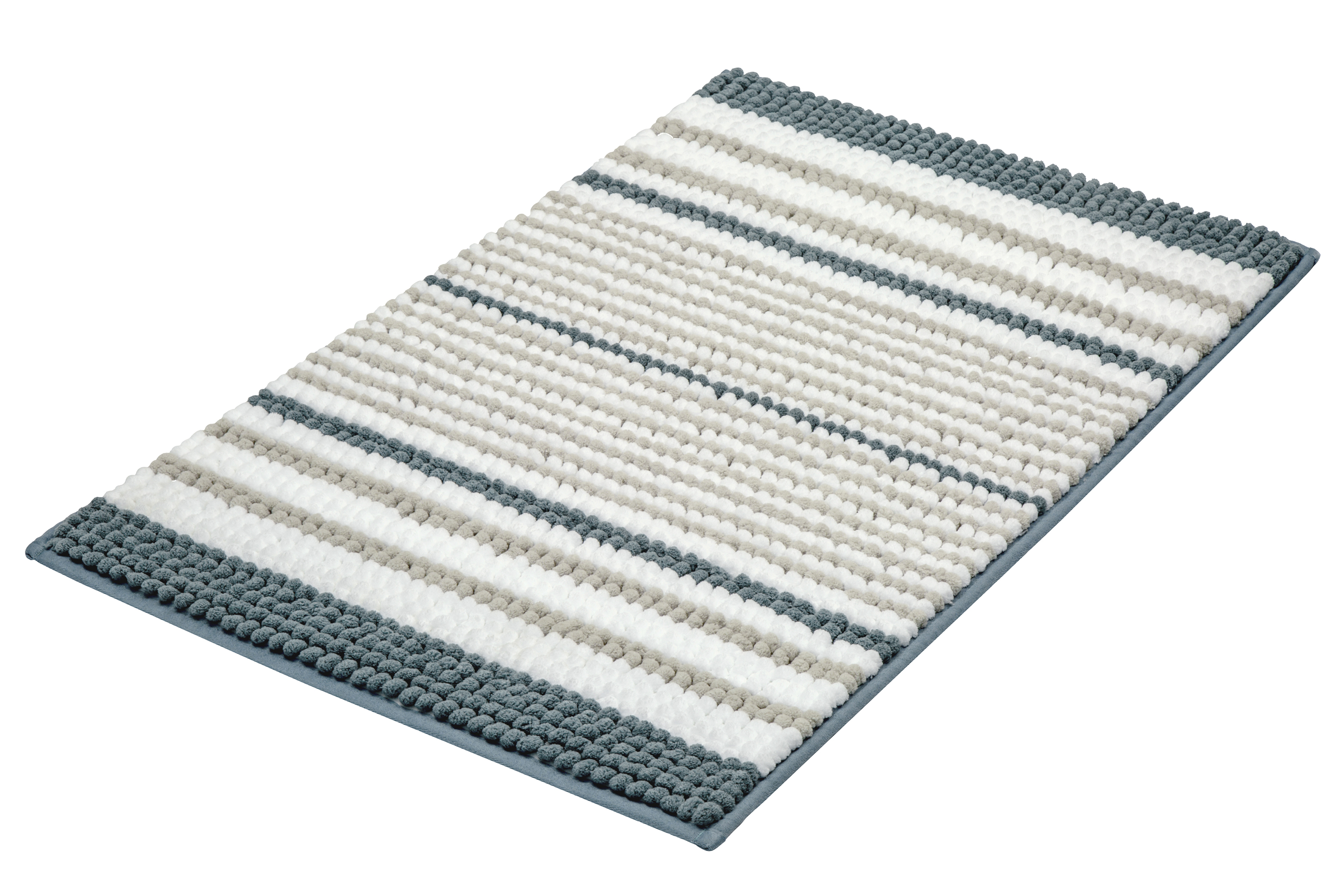 Badezimmerteppich mit Streifenmuster in Weiß, Grau und Blau, weiche Textur, rutschfeste Unterseite, modernes Design.