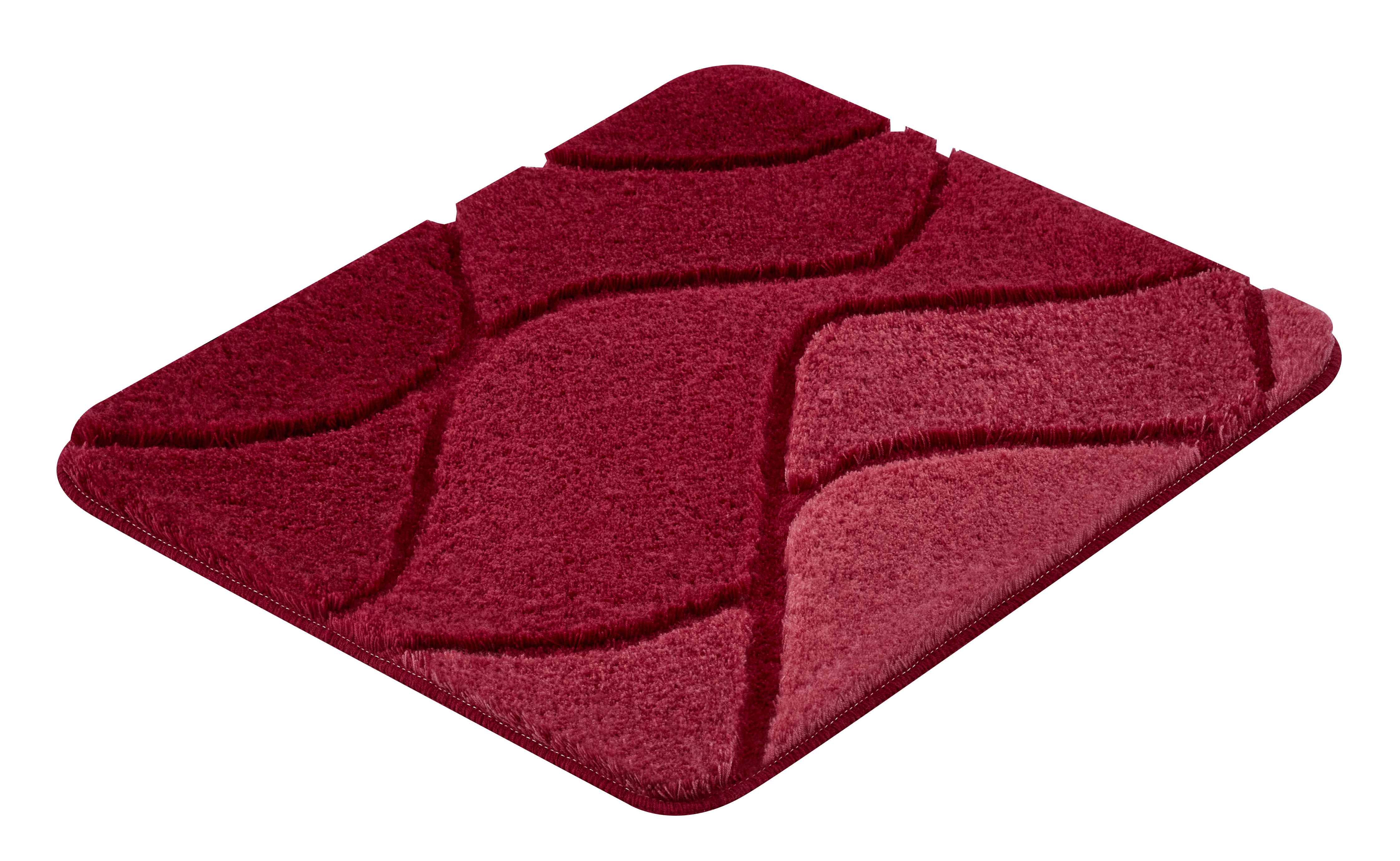 Roter Badteppich mit wellenförmigem Muster in verschiedenen Rottönen, weiche Textur, rutschfeste Unterseite.
