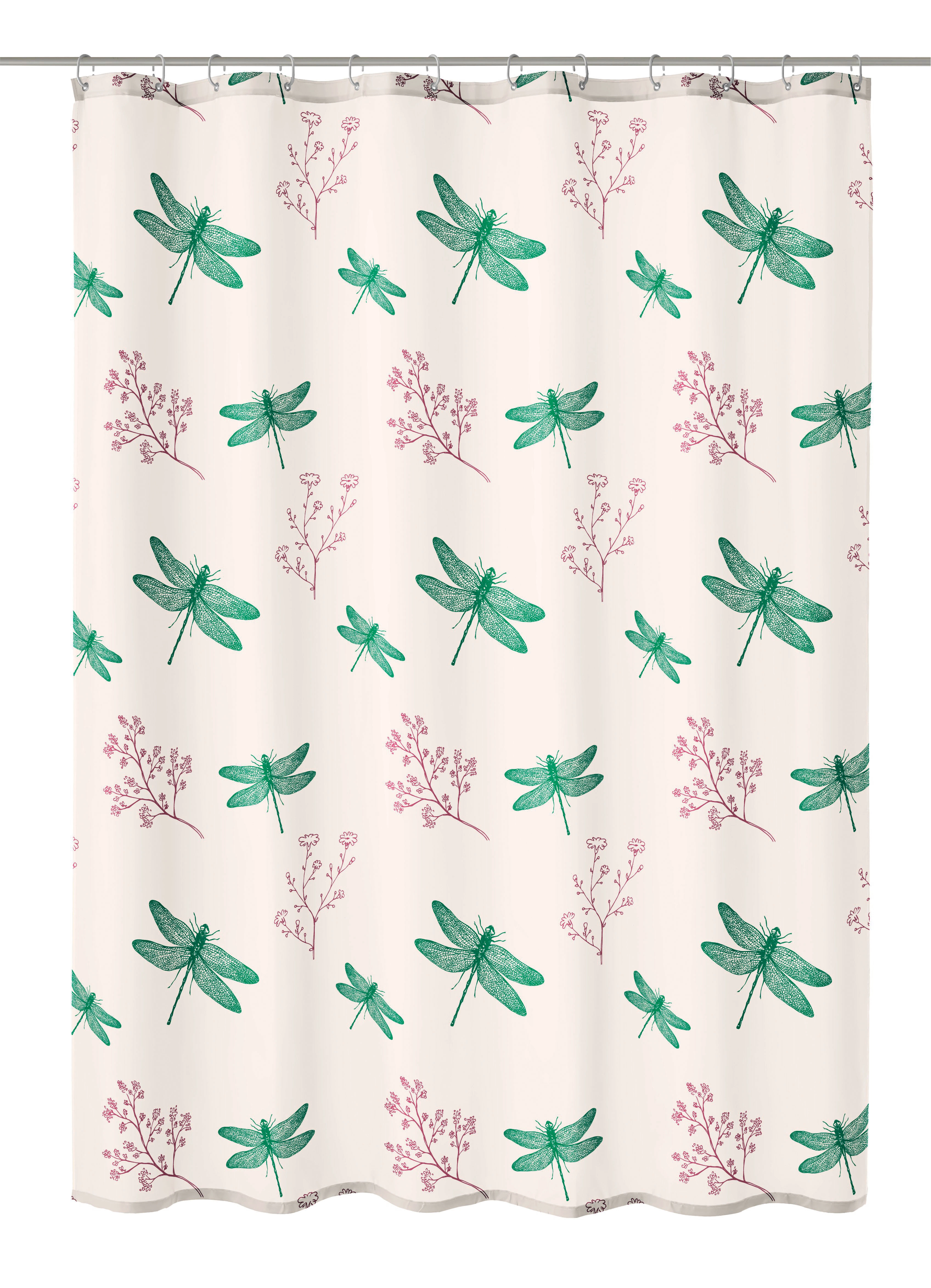 Duschvorhang Textil SCARLETT Smaragd 180 x 200 cm Duschvorhang mit grünem Libellen- und rosa Blumenmuster auf weißem Hintergrund, ideal für ein stilvolles Badezimmer.