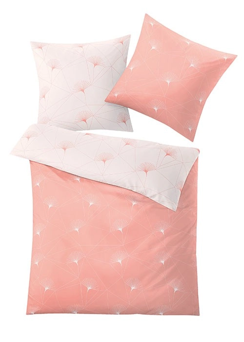 Bettwäsche-Set in zartem Rosa mit feinem Pusteblumenmuster, bestehend aus Decken- und Kissenbezug.