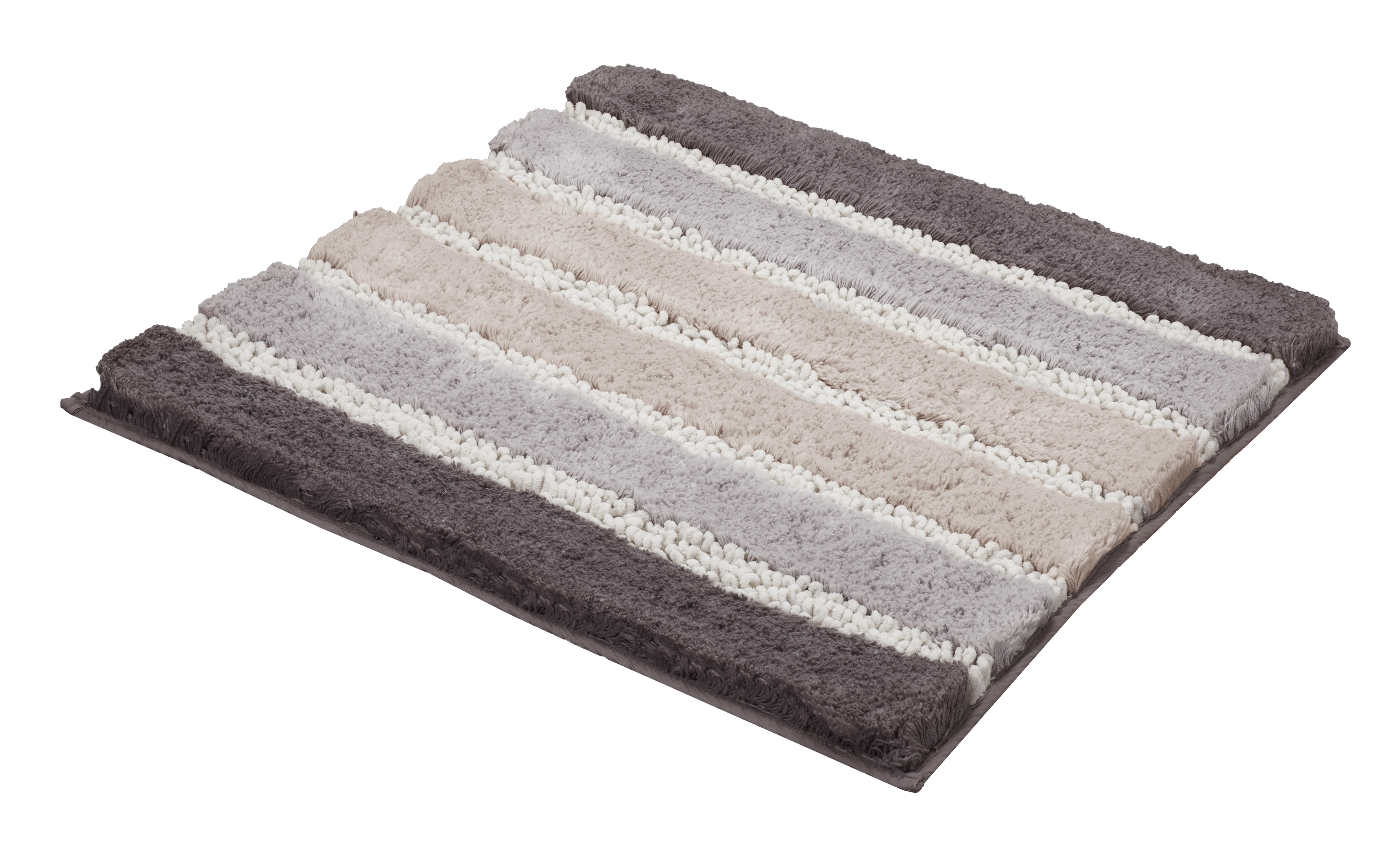 Weicher Badteppich mit Streifenmuster in Grau- und Beigetönen, ideal für ein modernes Badezimmer.