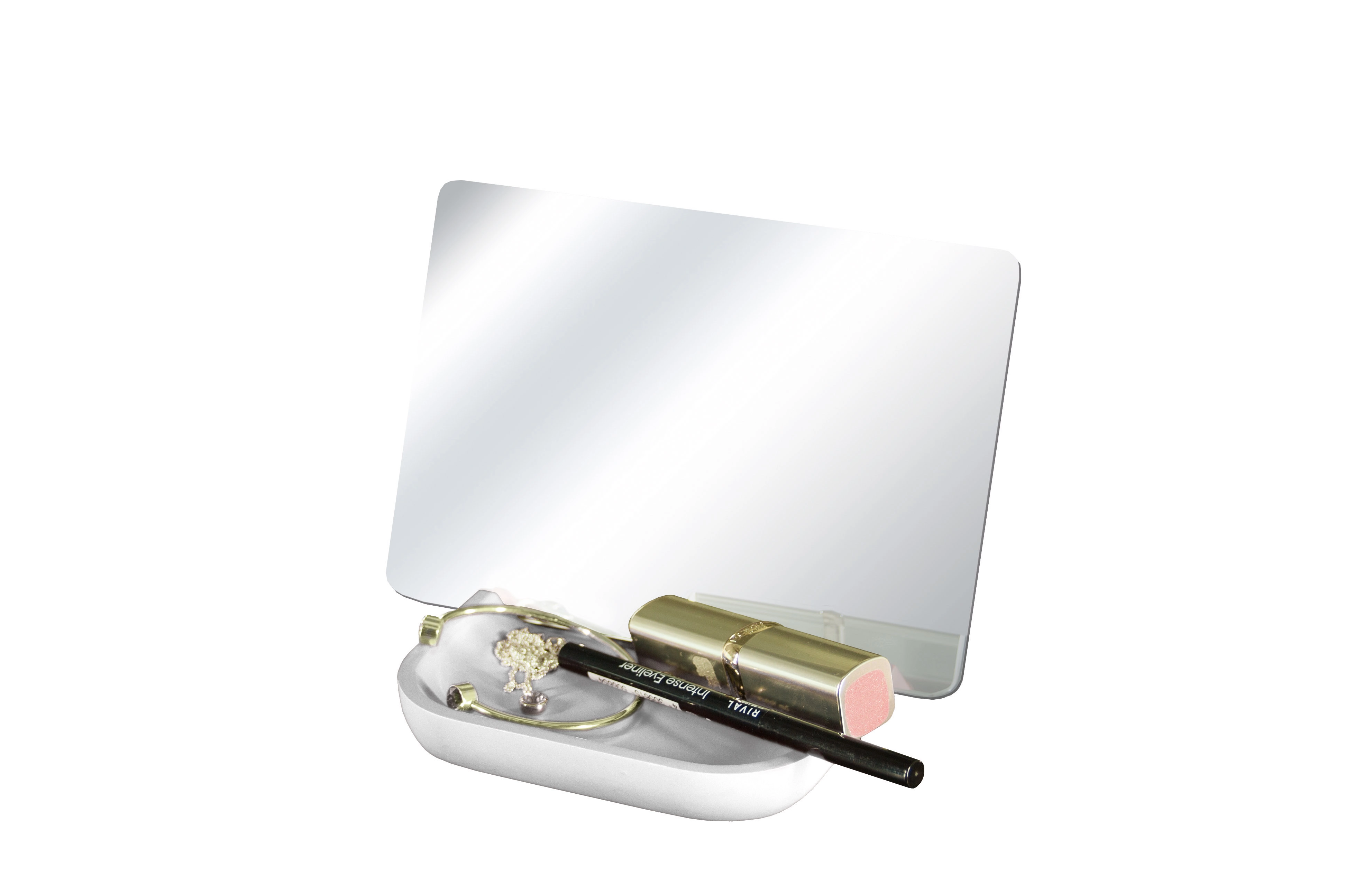 Kosmetikspiegel mit Ablagefach, ideal für Schmuck und Make-up, modernes Design, perfekt für den Schminktisch.